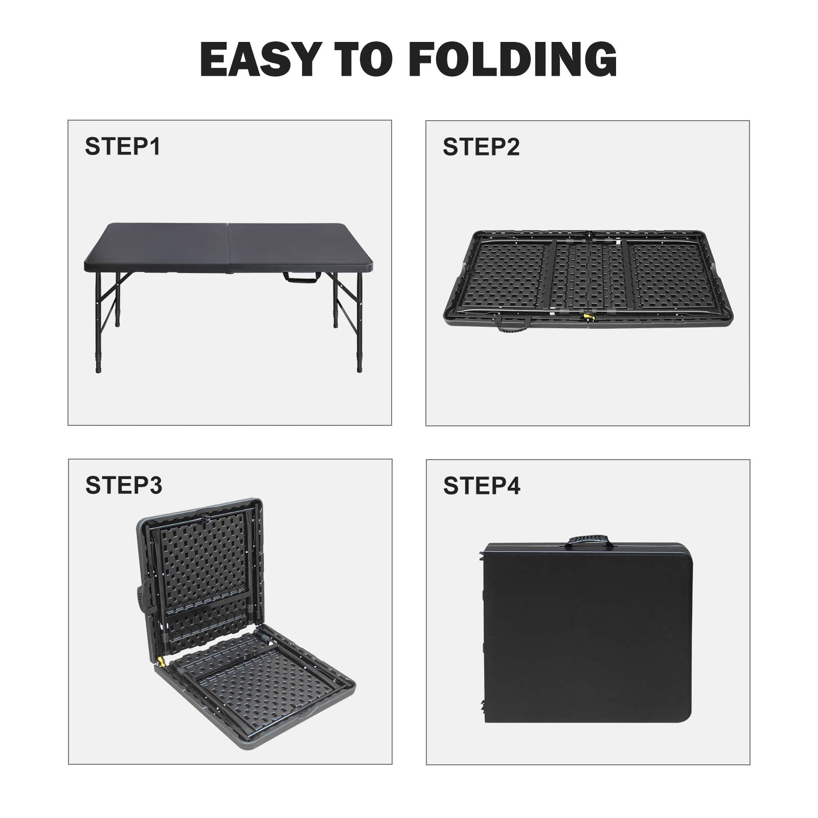 Step  shows a black folding table fully extended on metal legs