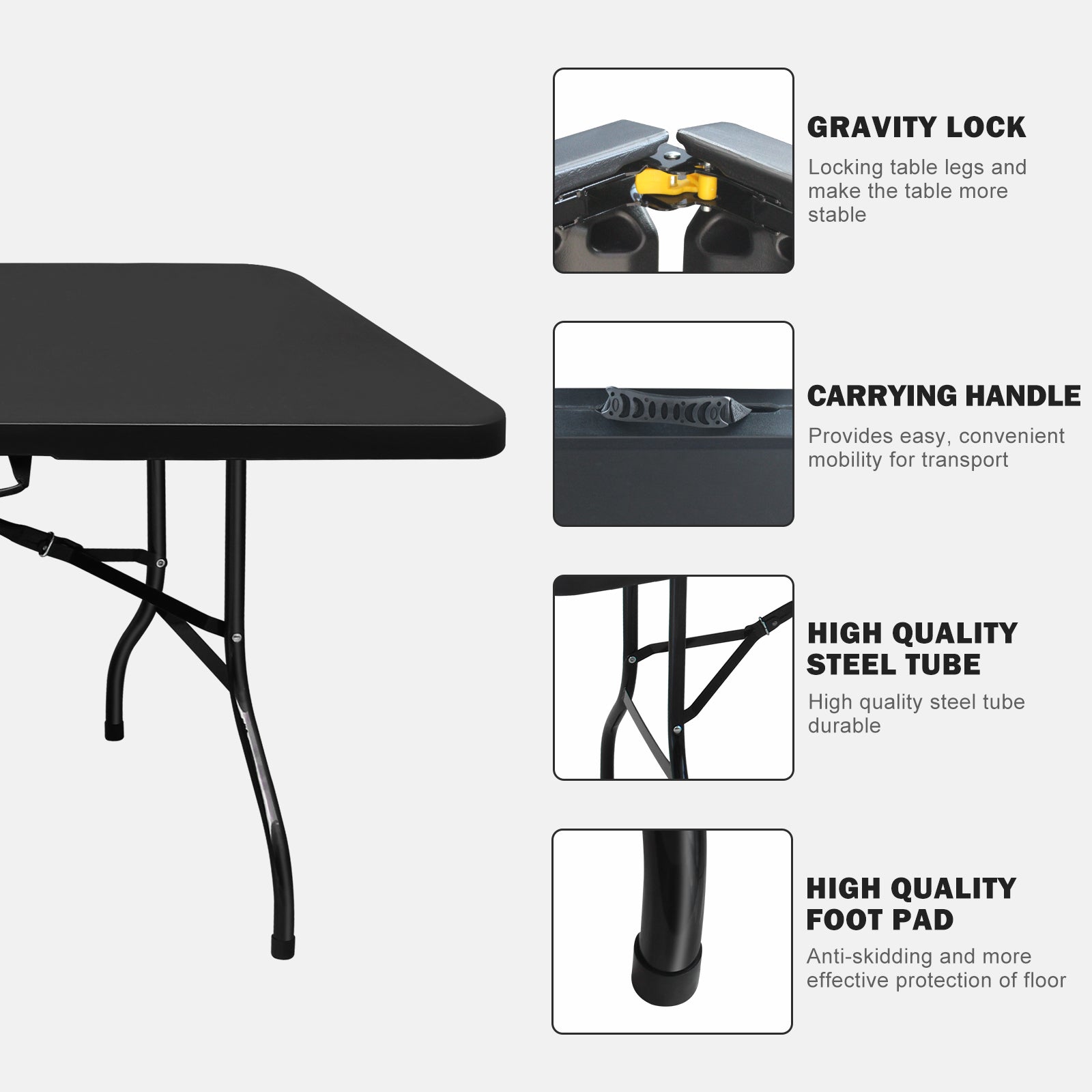 Black folding table with gravity lock mechanism