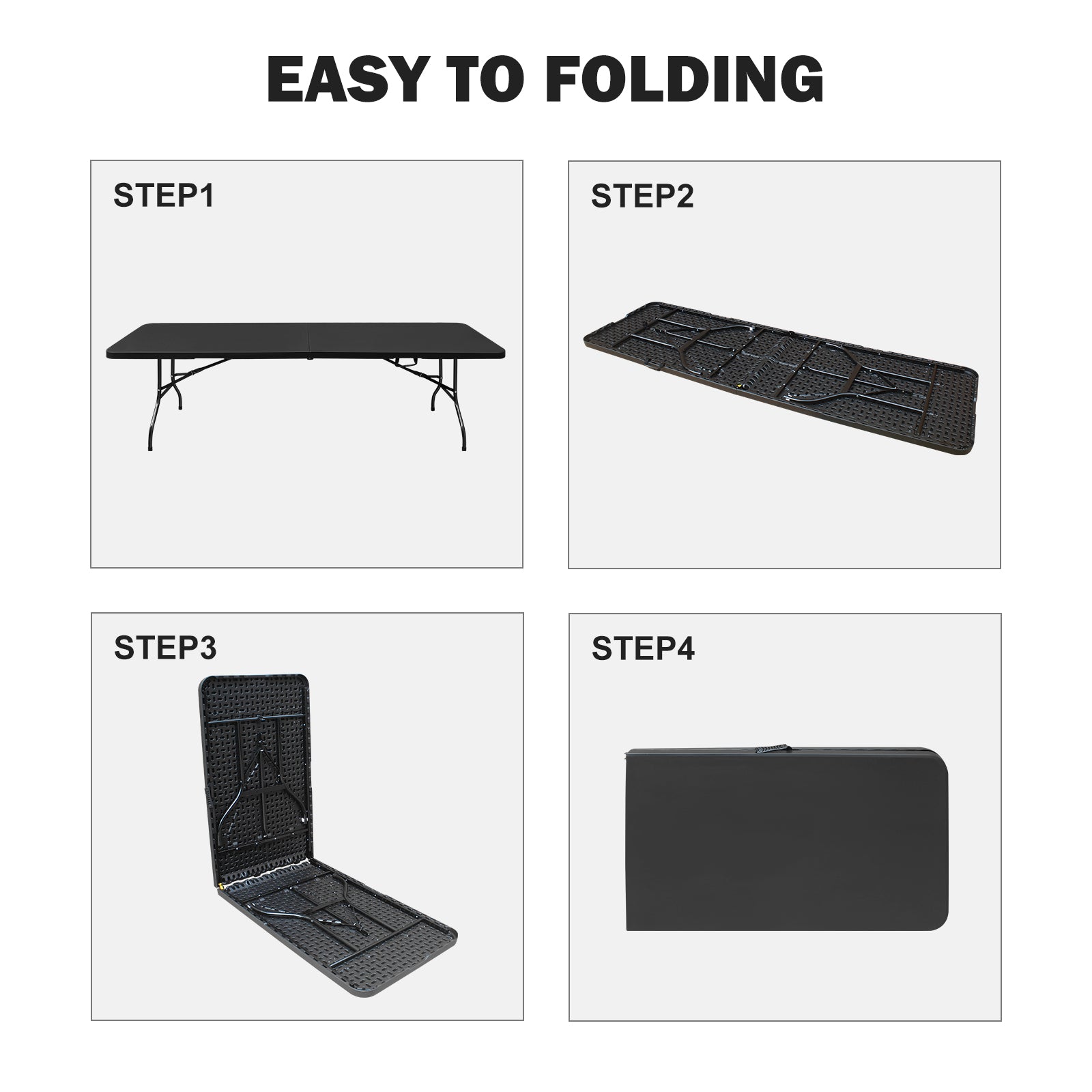 Step  Fully extended black folding table with metal legs