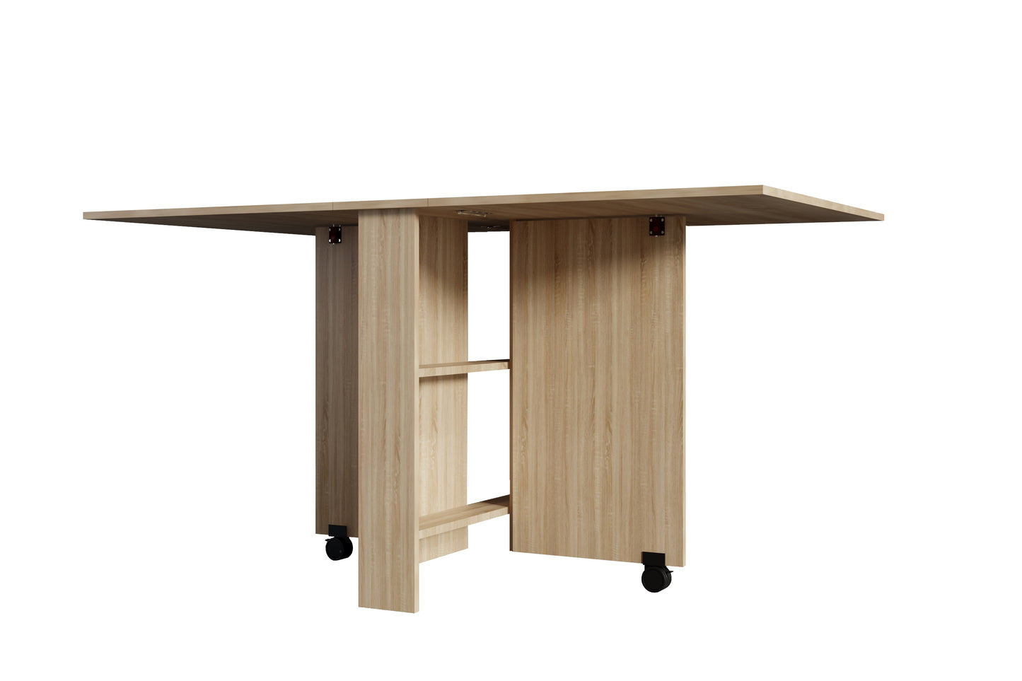 Natural oak folding dining table with wheels for easy mobility and storage