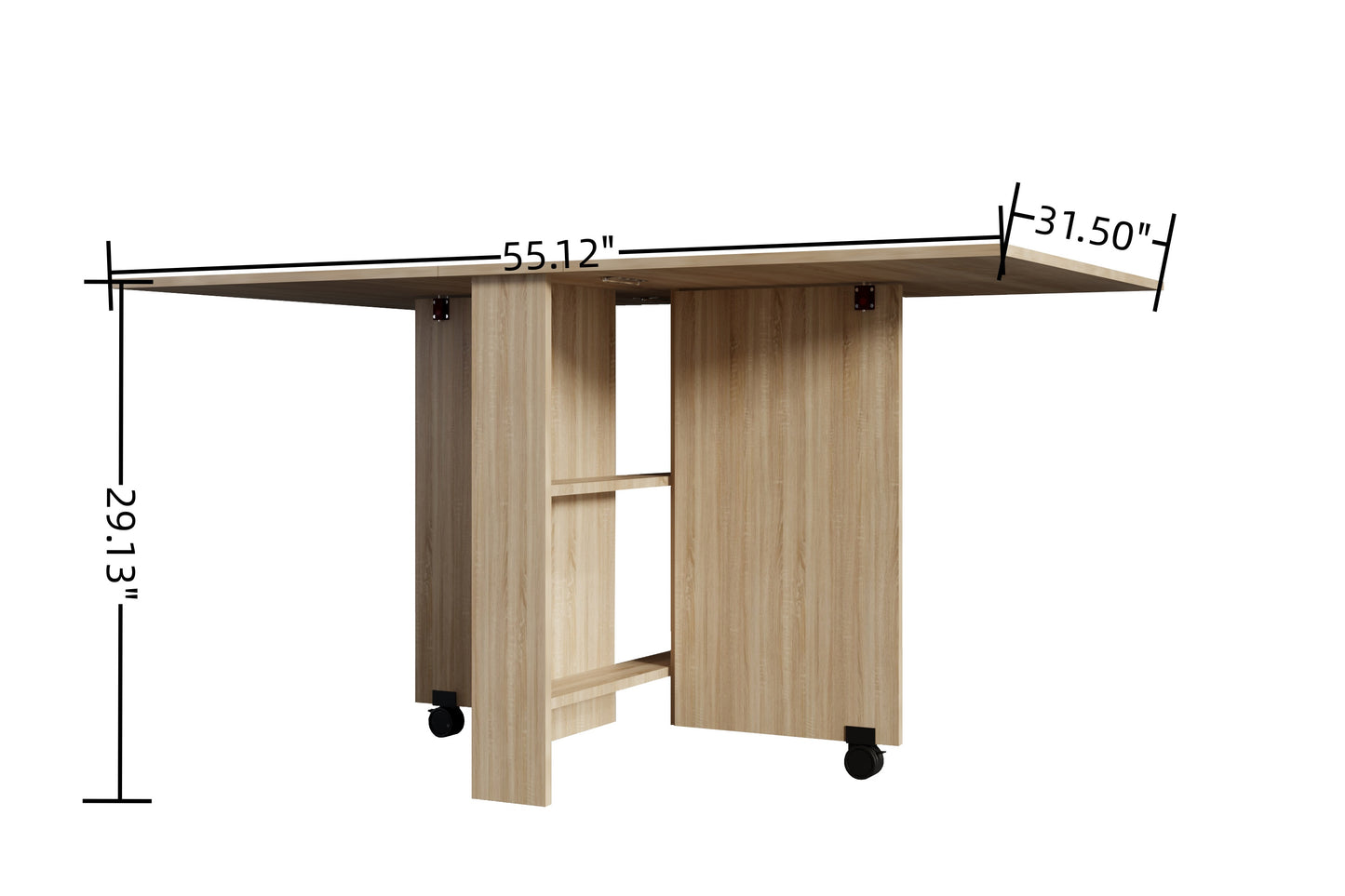 Light oak dropleaf dining table with wheels