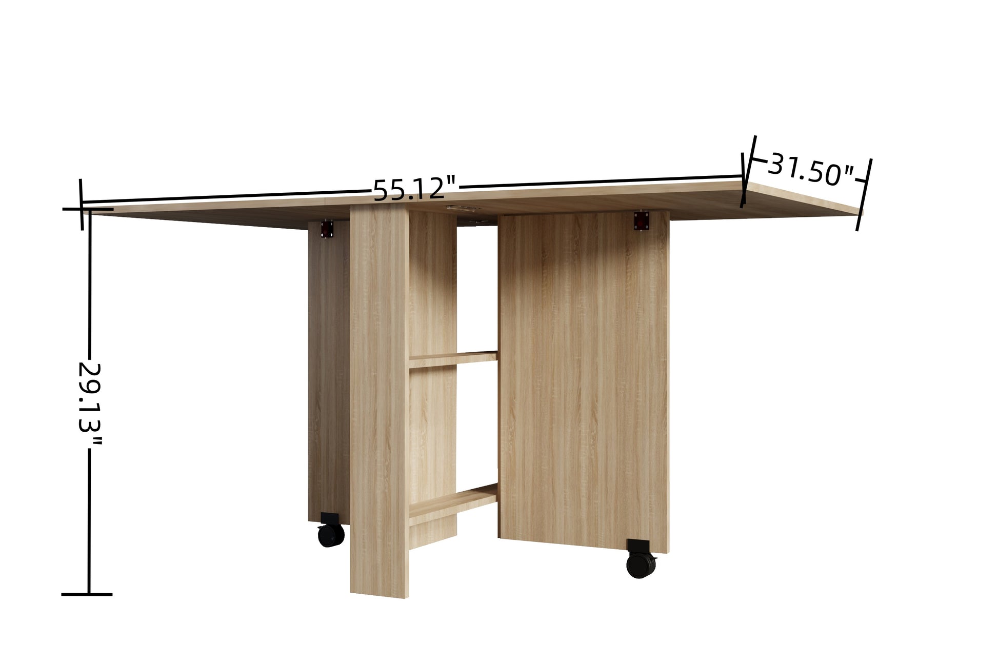 Light oak dropleaf dining table with wheels