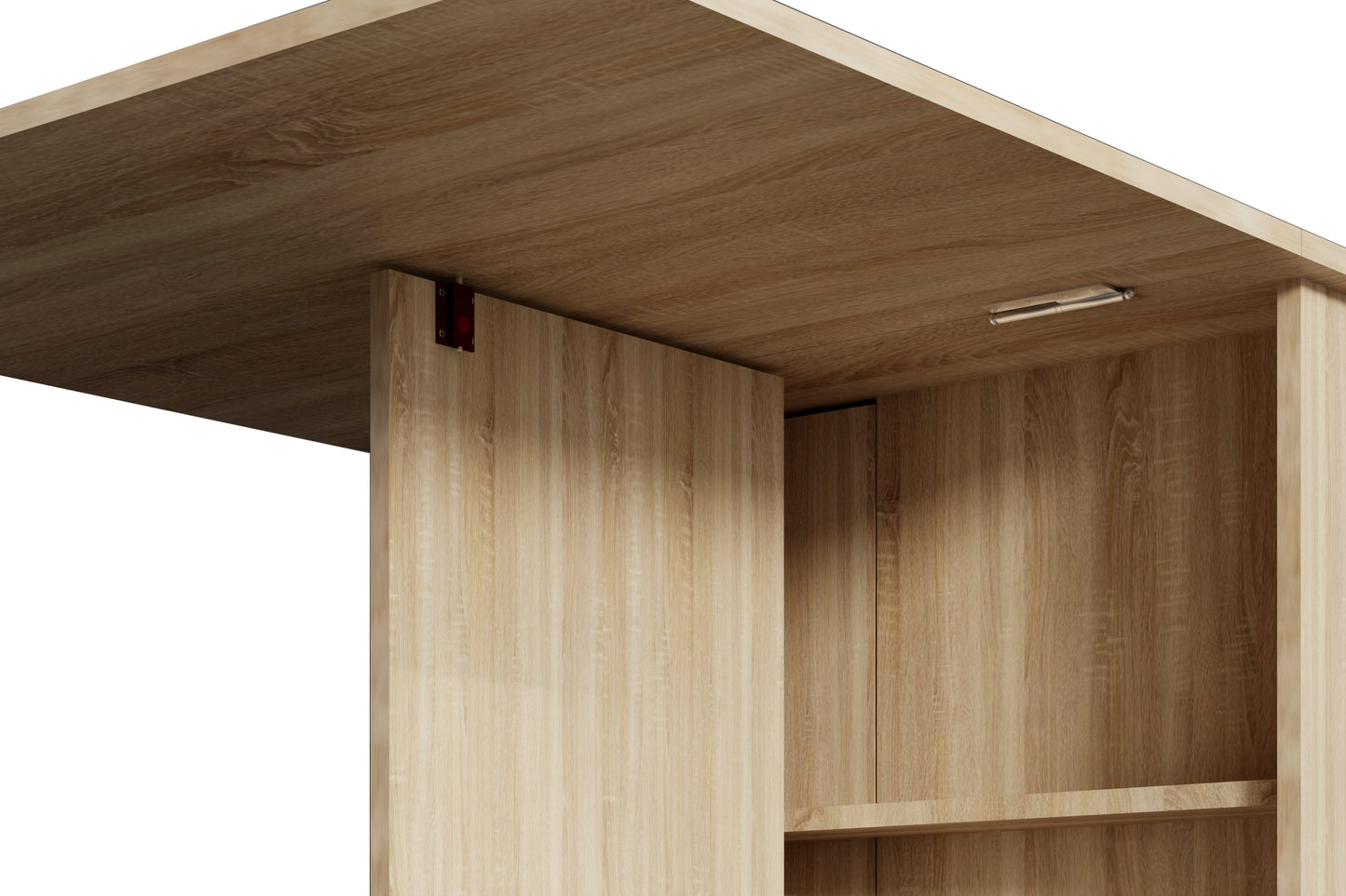 Light oak laminate shelving unit with visible hinges and support bracket