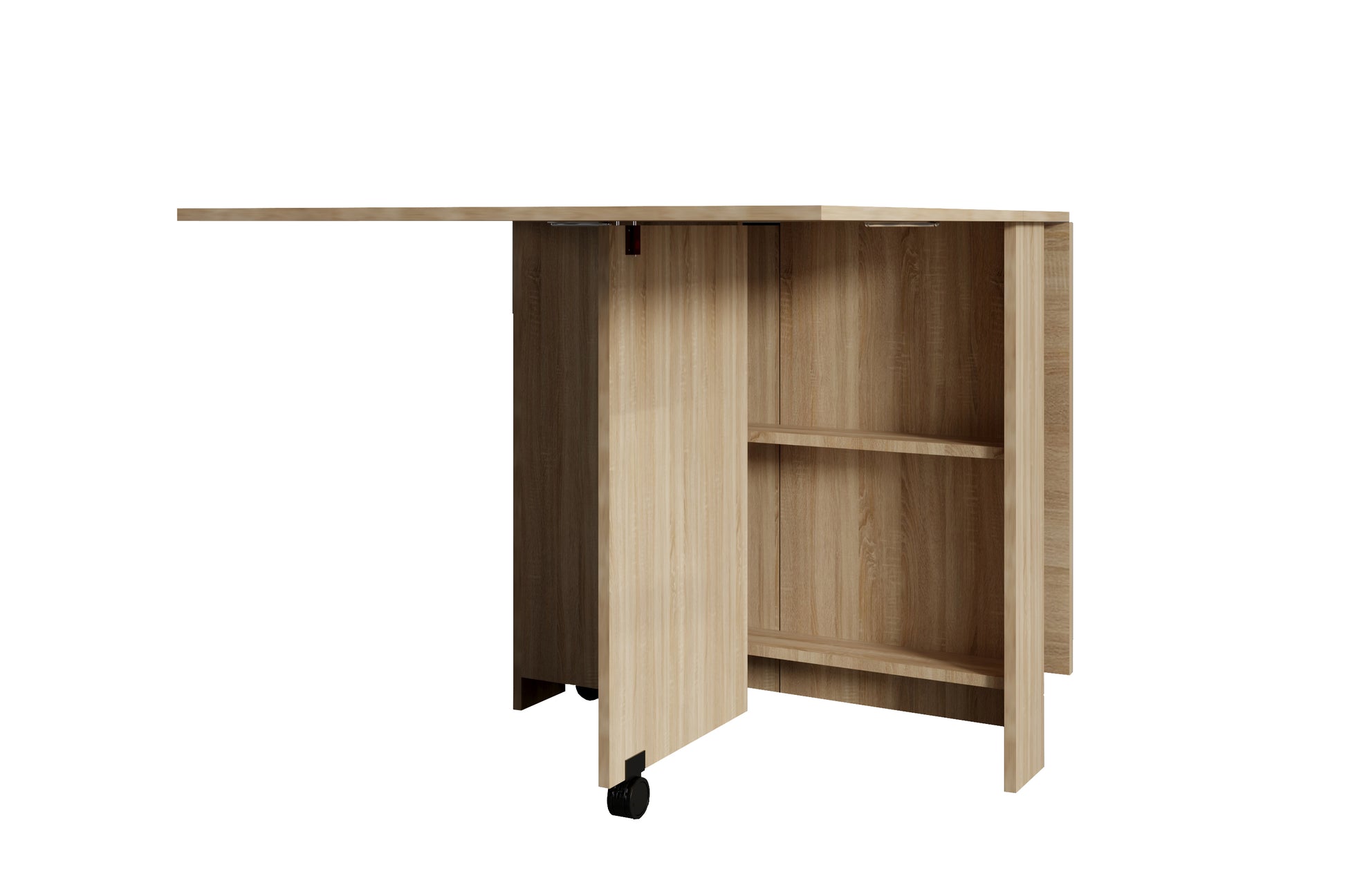 Natural wood drop leaf dining table with two shelves and casters for easy mobility