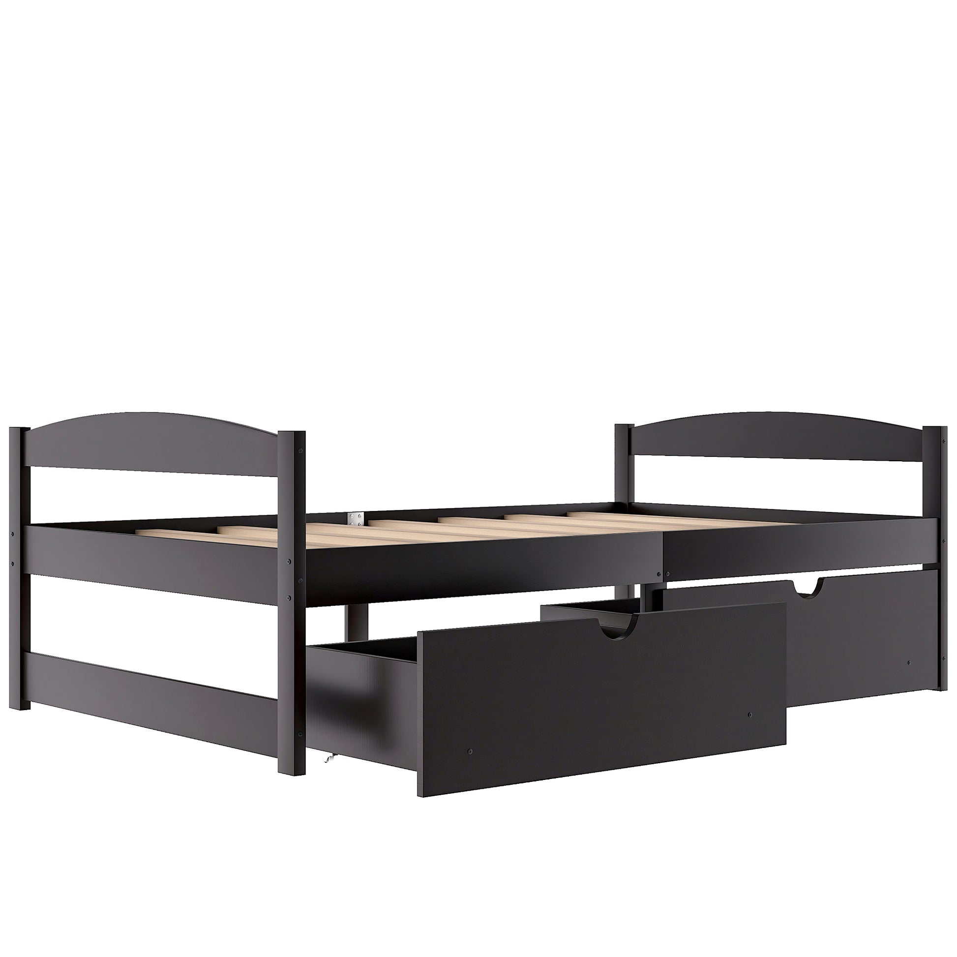 Dark brown wooden twin bed frame with two drawers