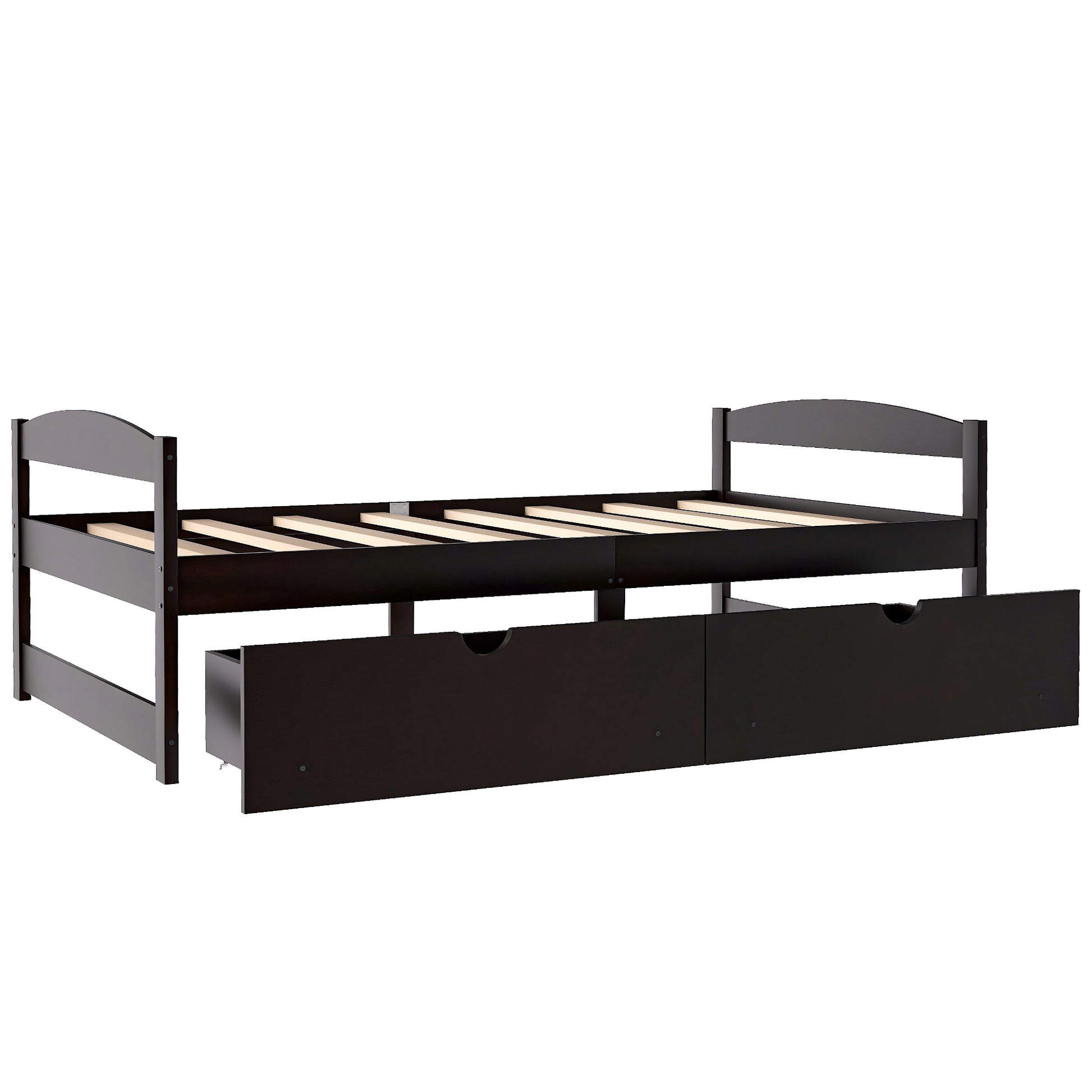 Dark wood twin bed frame with two pullout storage drawers