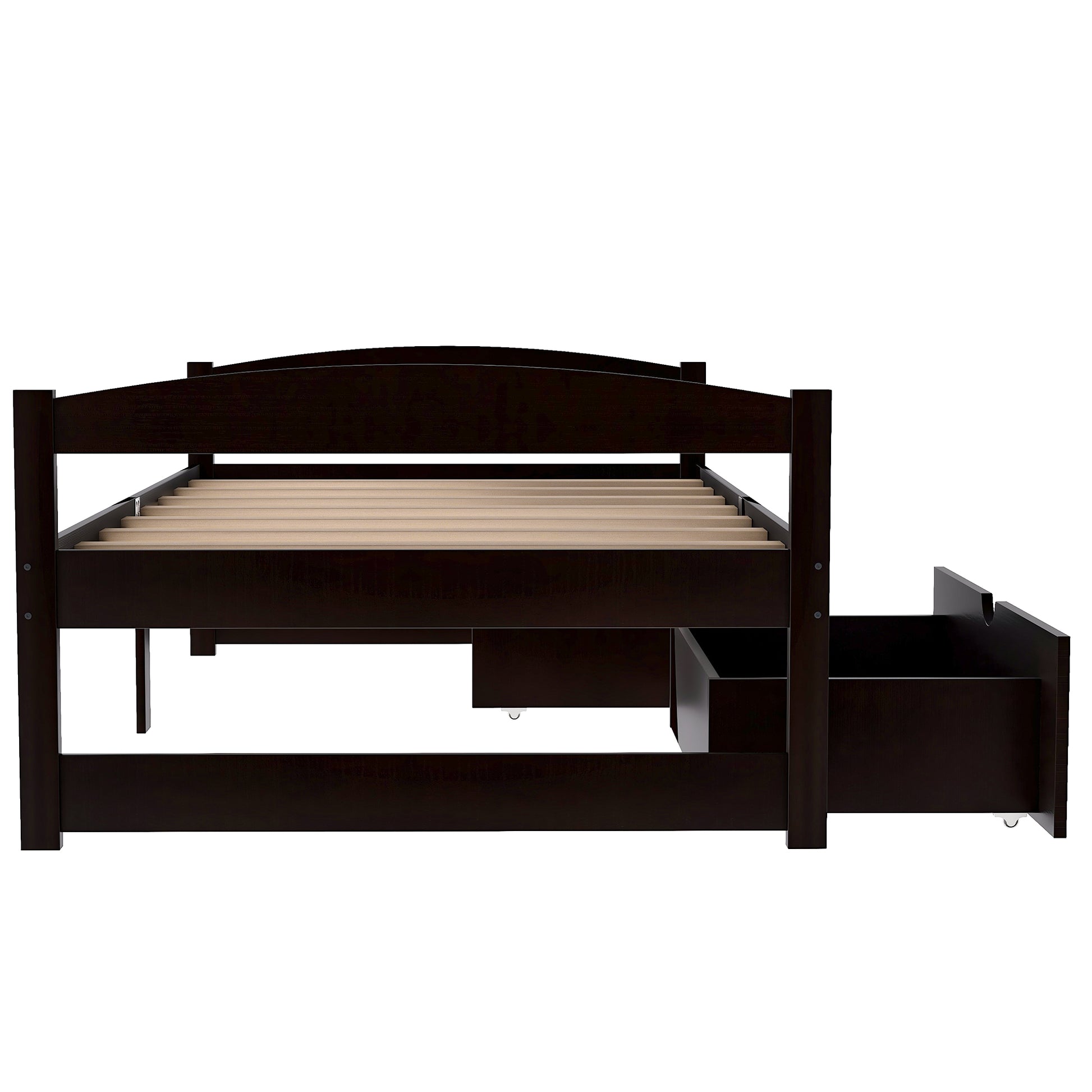 Dark brown wooden twin bed frame with integrated storage drawers and slats
