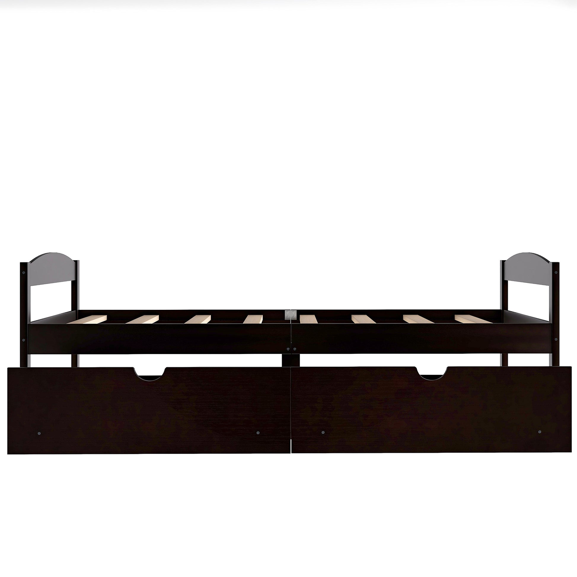Dark wood twin bed frame with two underbed storage drawers