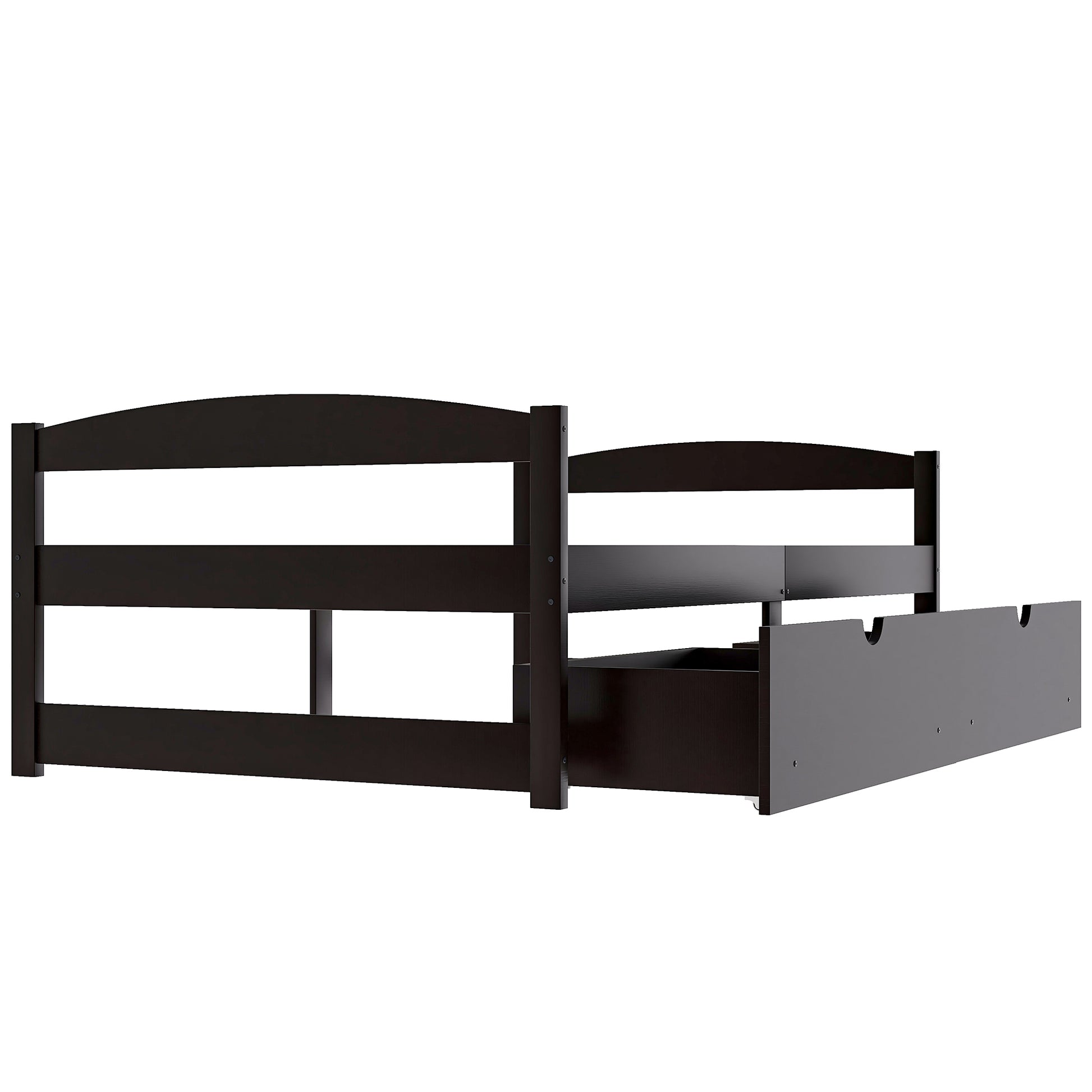 Dark brown wooden twin bed frame with pullout drawer