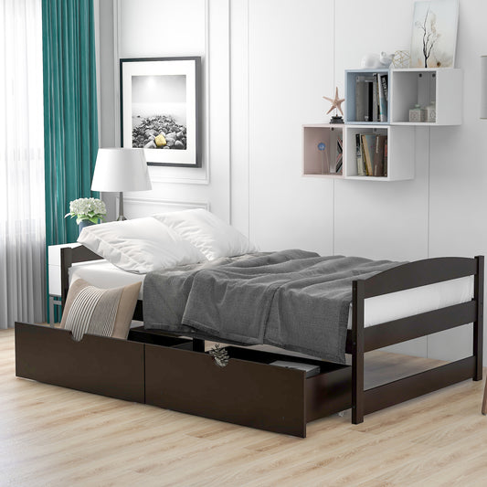 Dark brown wooden twin bed frame with three storage drawers