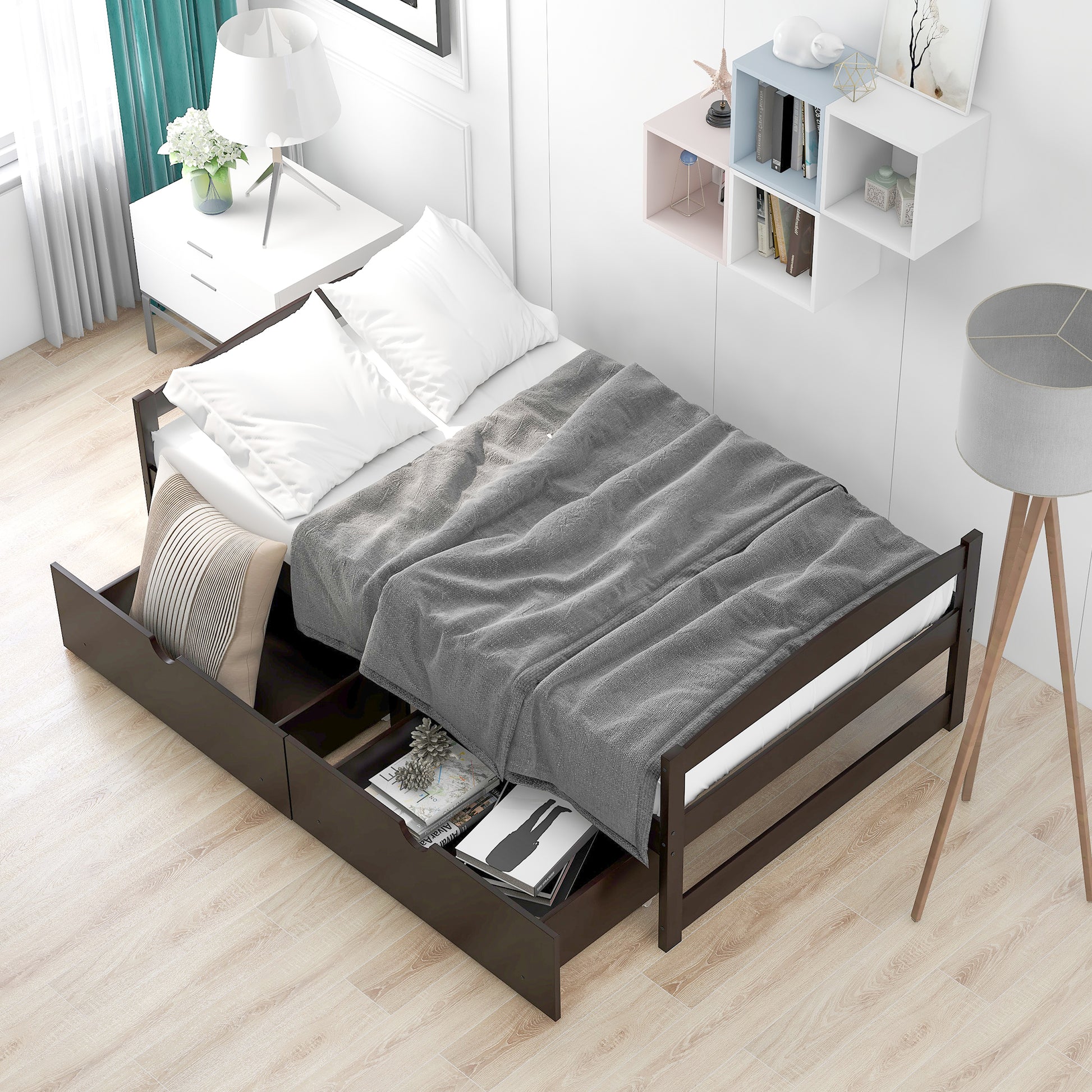 Dark brown wooden twin bed frame with storage drawers