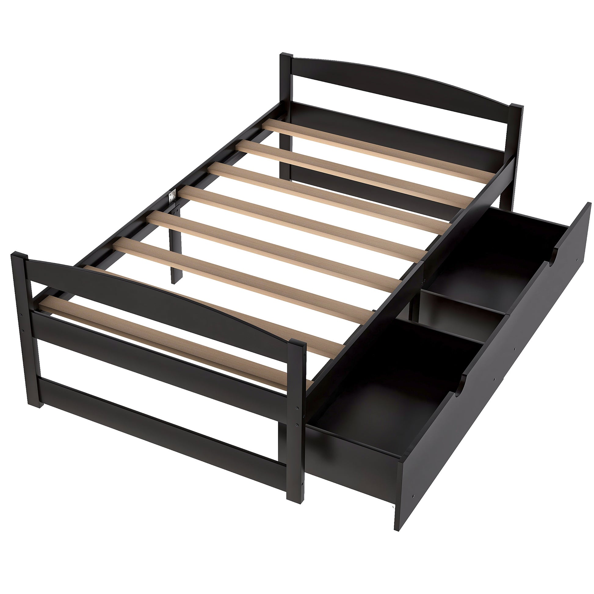 Black twin bed frame with integrated storage drawers and slatted support