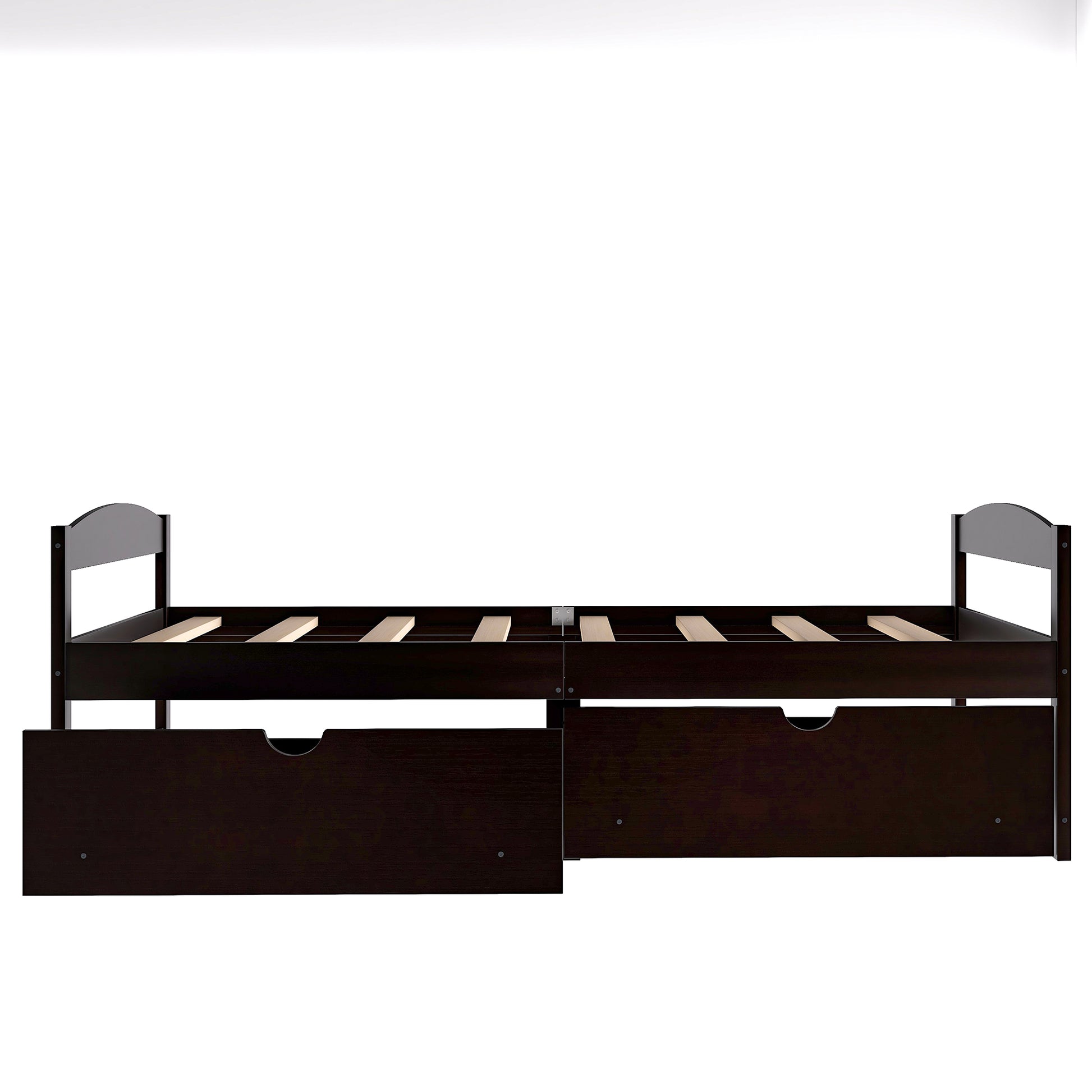 Dark brown twin bed frame with storage drawers and wooden slats