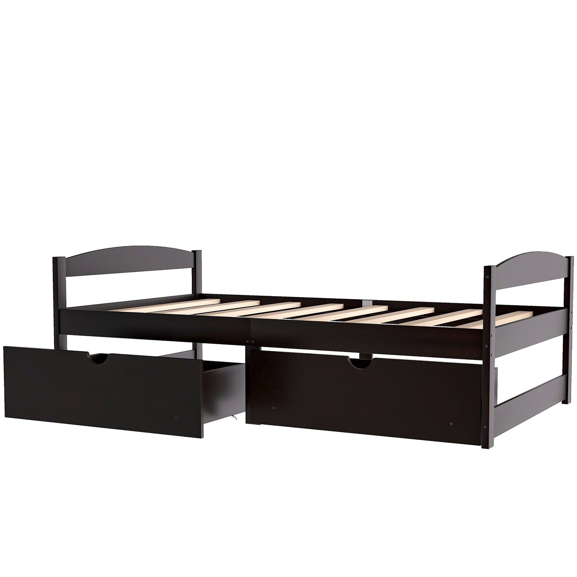 Dark brown wooden twin bed frame with two storage drawers