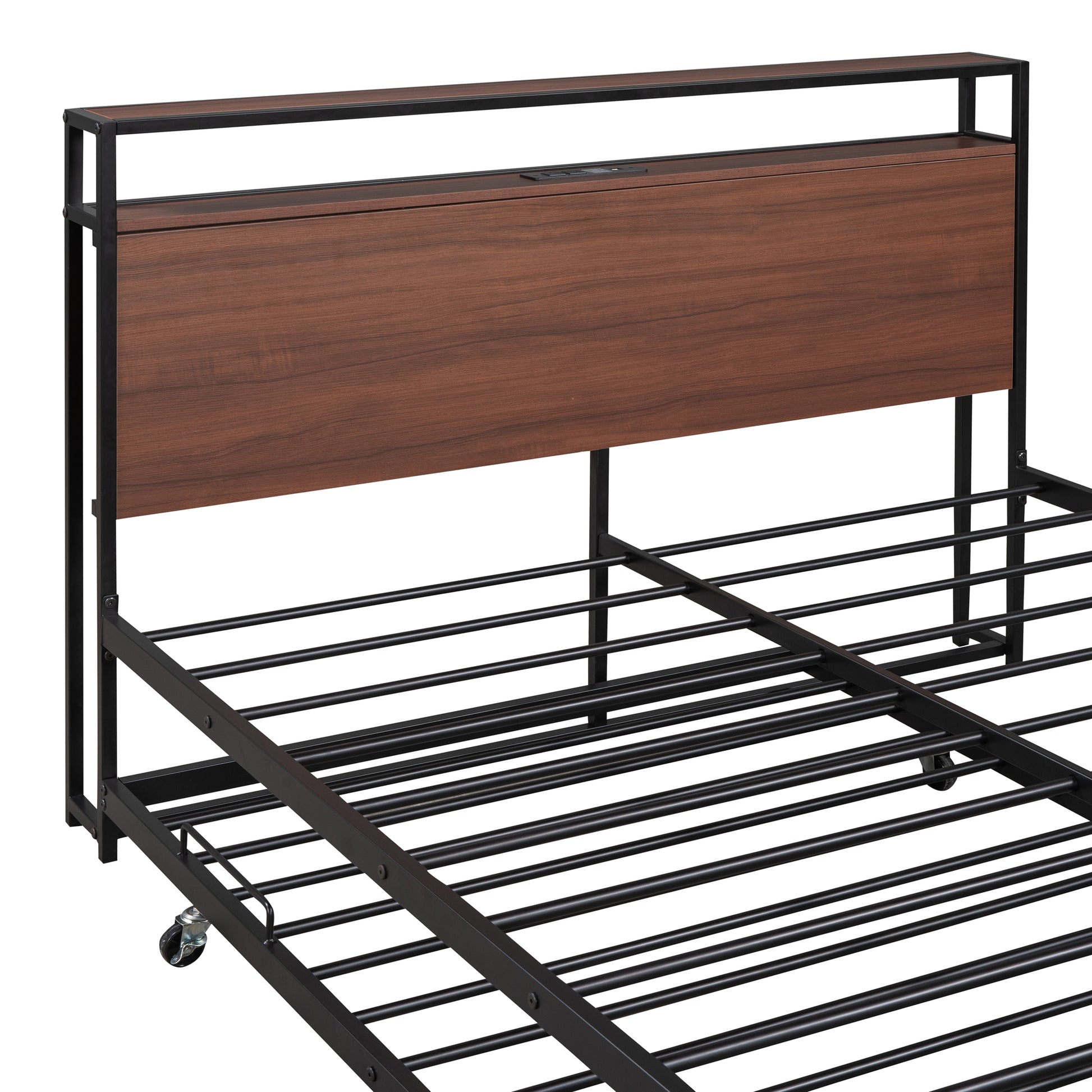 Industrial style metal bed frame with wood headboard and builtin power outlets