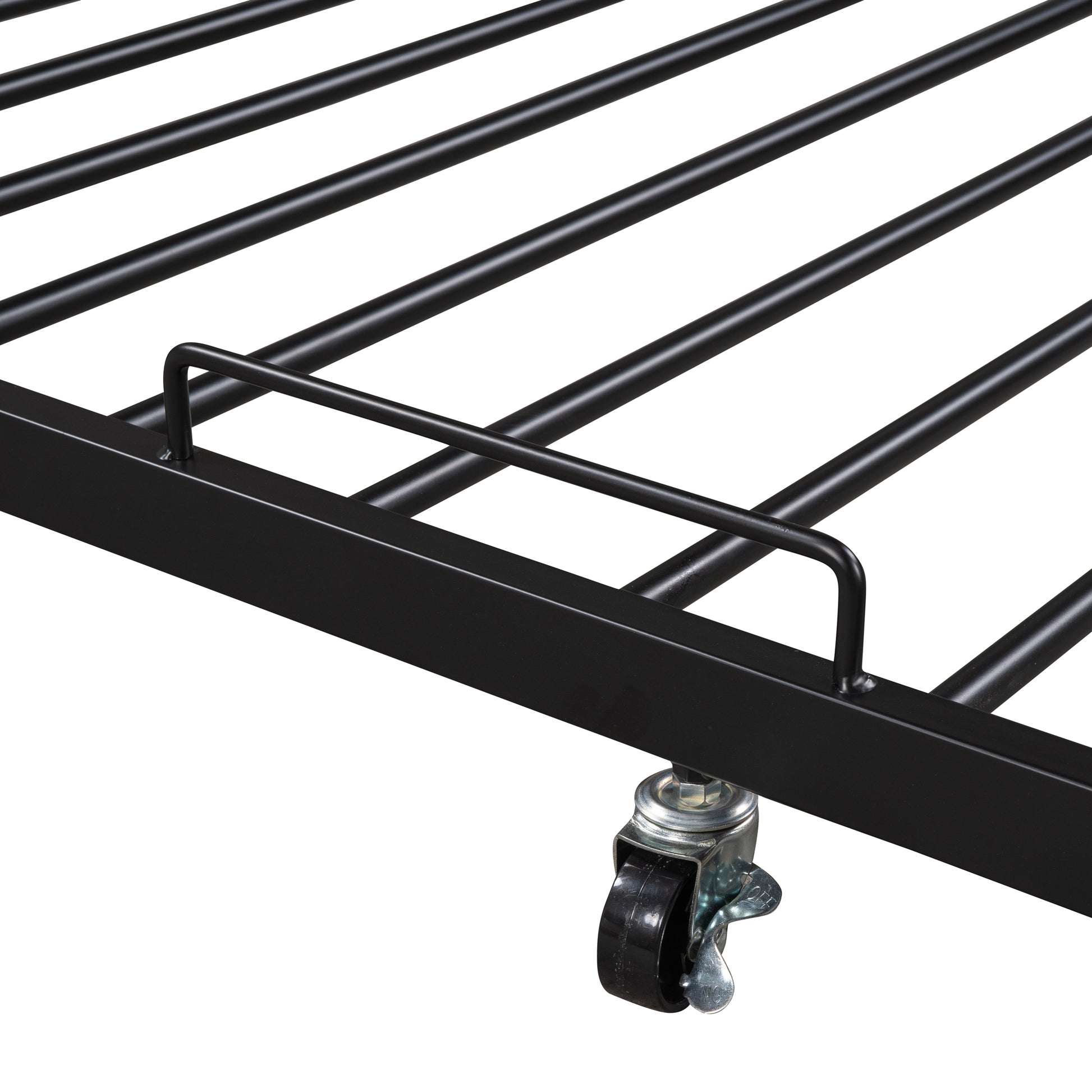 Black metal bed frame with wheels