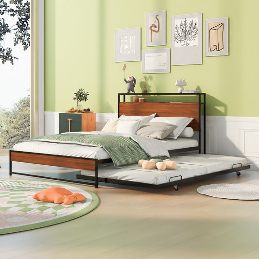 Modern metal bed frame with wood headboard and pullout trundle