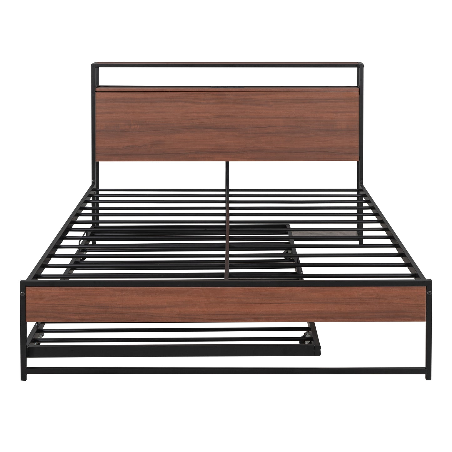 Modern wood and black metal platform bed frame with slatted support
