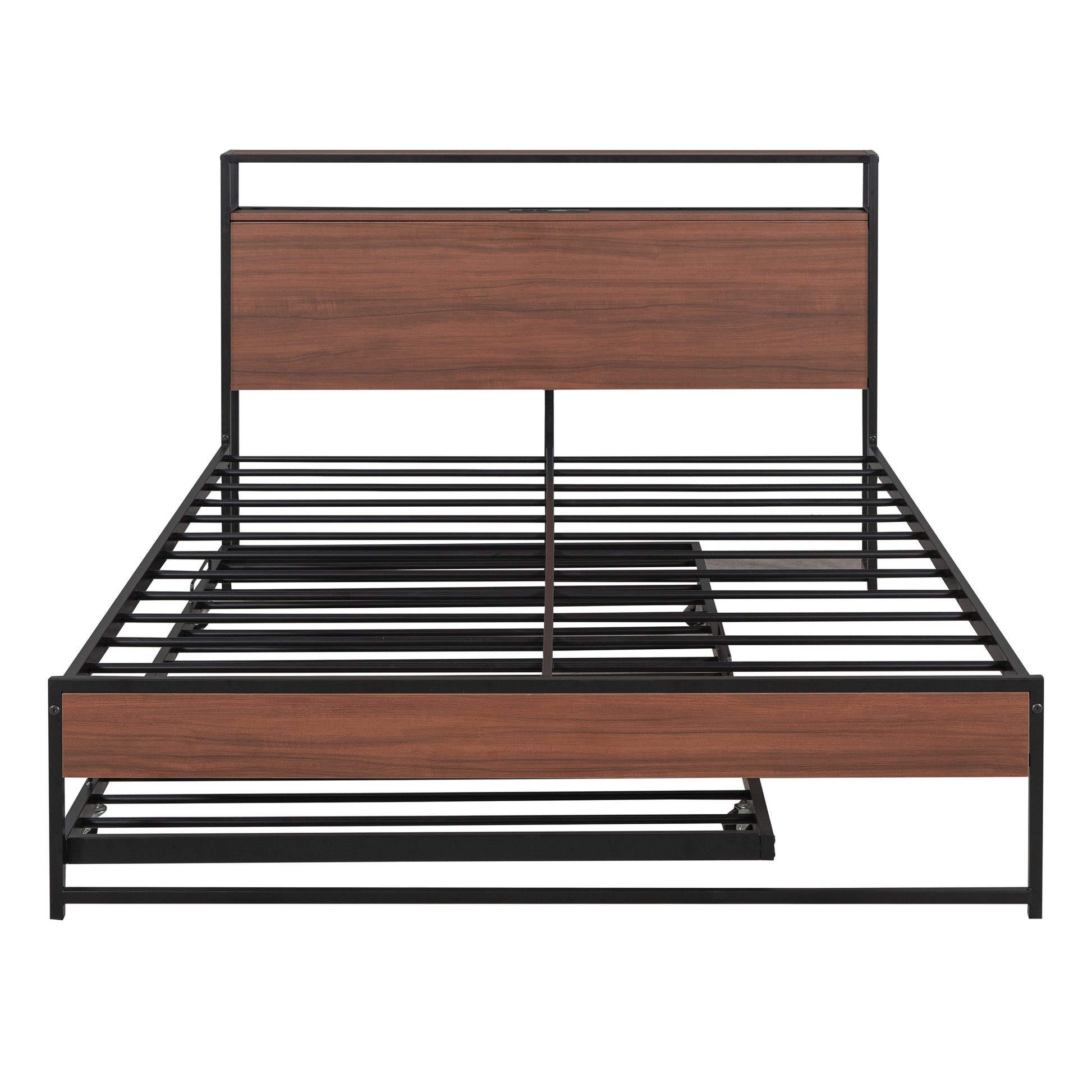 Modern wood and black metal platform bed frame with slatted support