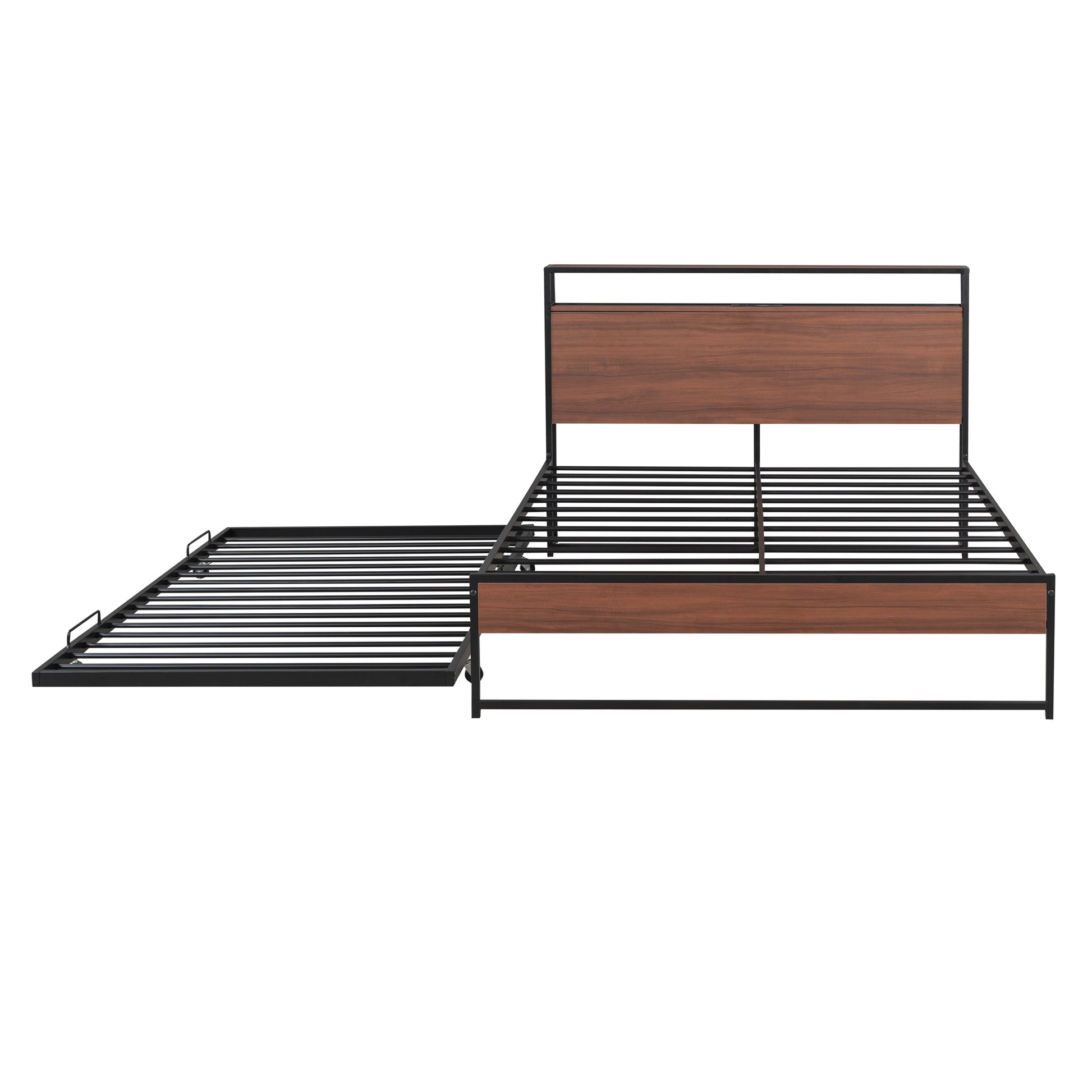 Modern wood and black metal bed frame with pullout trundle bed