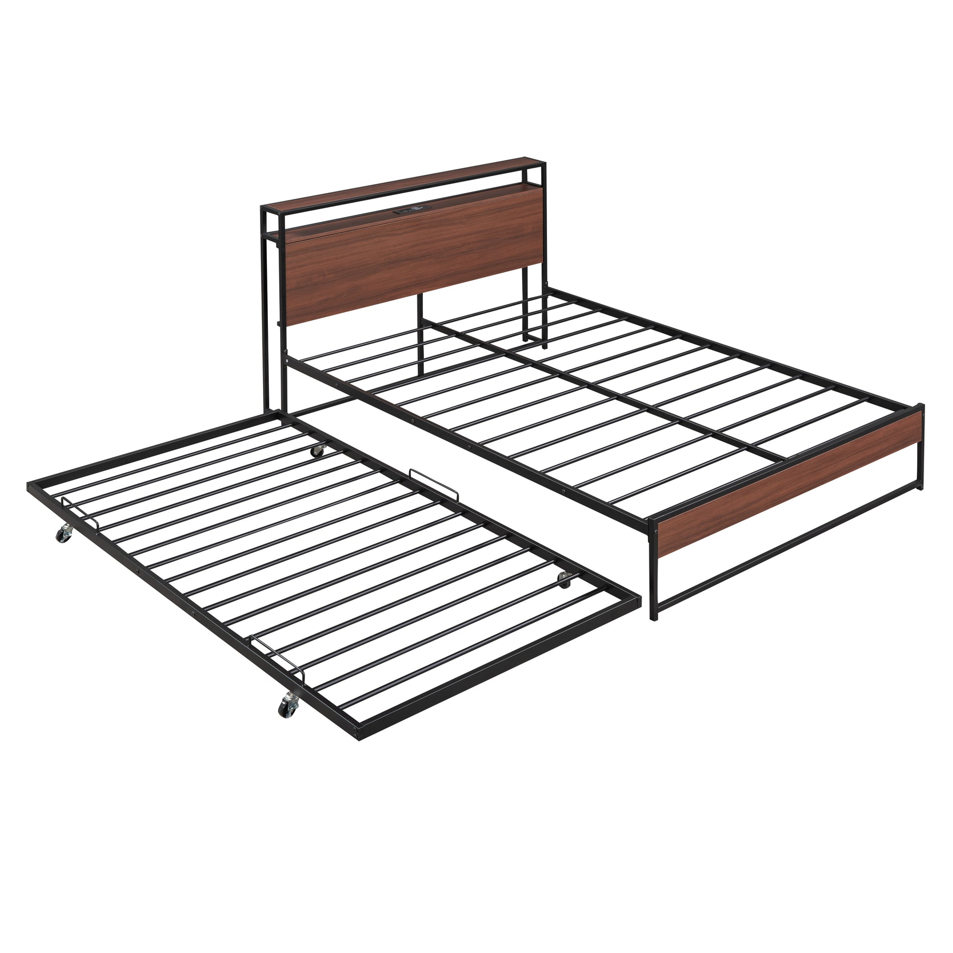 Dark wood headboard metal bed frame with a pullout trundle
