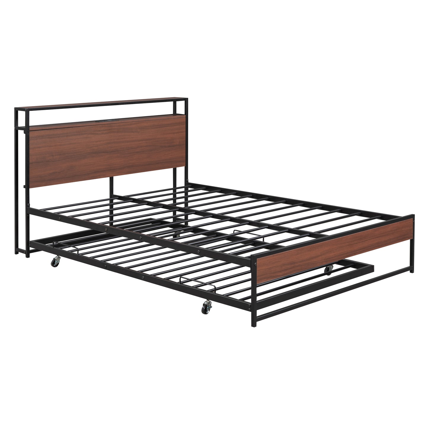 Metal daybed with walnut veneer headboard and pullout trundle on wheels