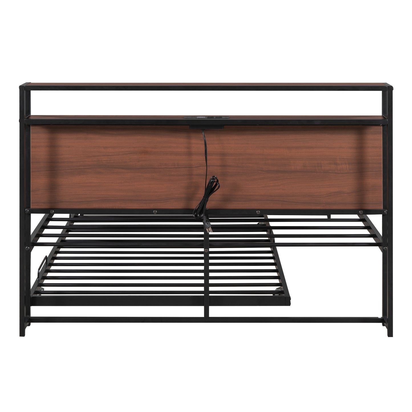 Modern industrial bed frame with walnut headboard and integrated charging ports