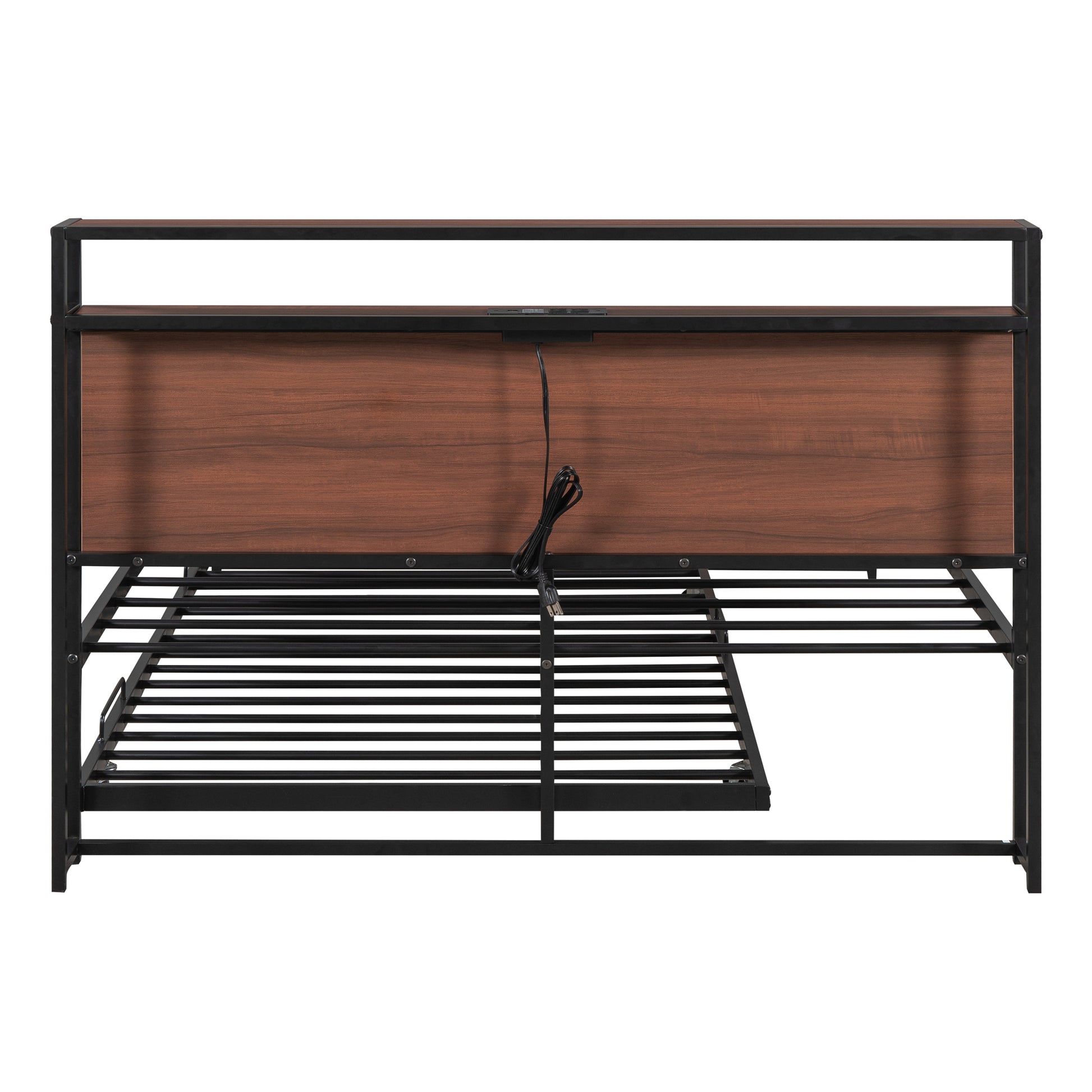 Modern industrial bed frame with walnut headboard and integrated charging ports