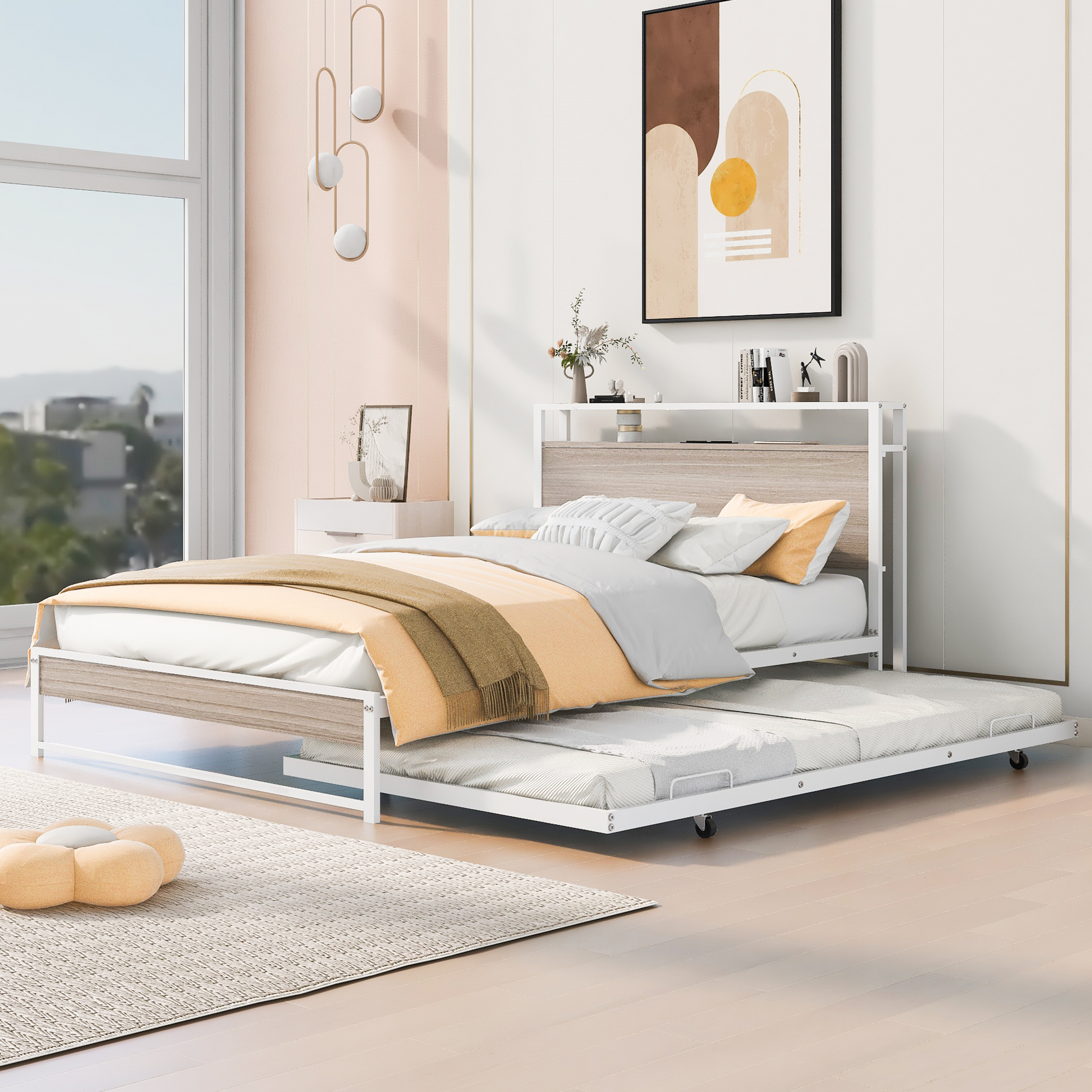 White metal frame daybed with pullout trundle and builtin shelving