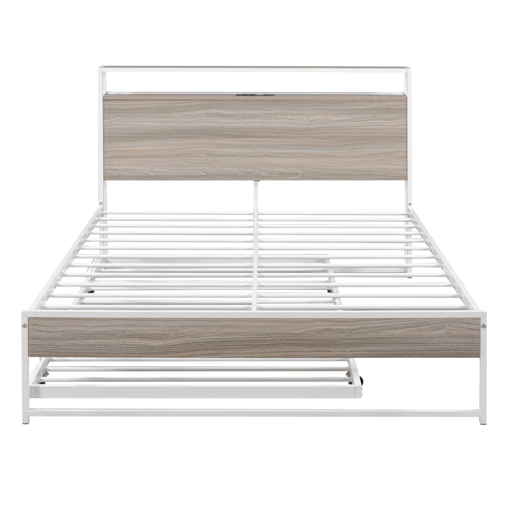 White metal bed frame with a woodgrain headboard and footboard
