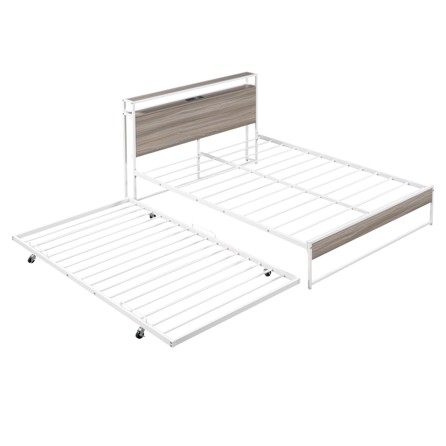 White metal twin bed frame with integrated rollout trundle and woodlook headboard