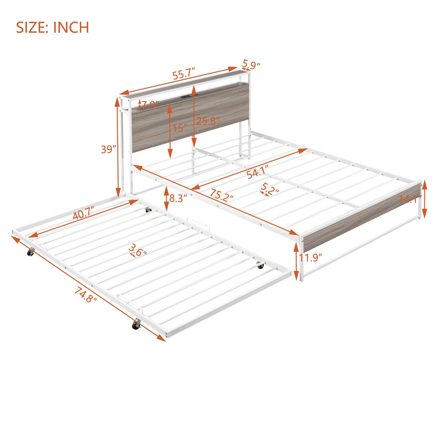 White metal bed frame with woodgrain headboard and pullout trundle
