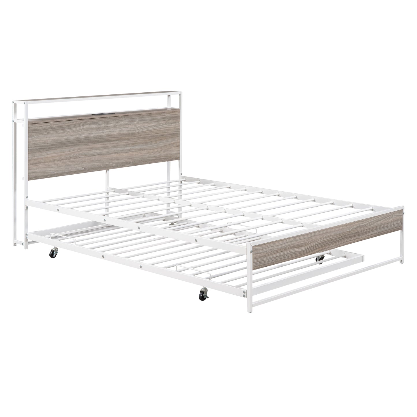White metal daybed with pullout trundle and woodgrain headboards