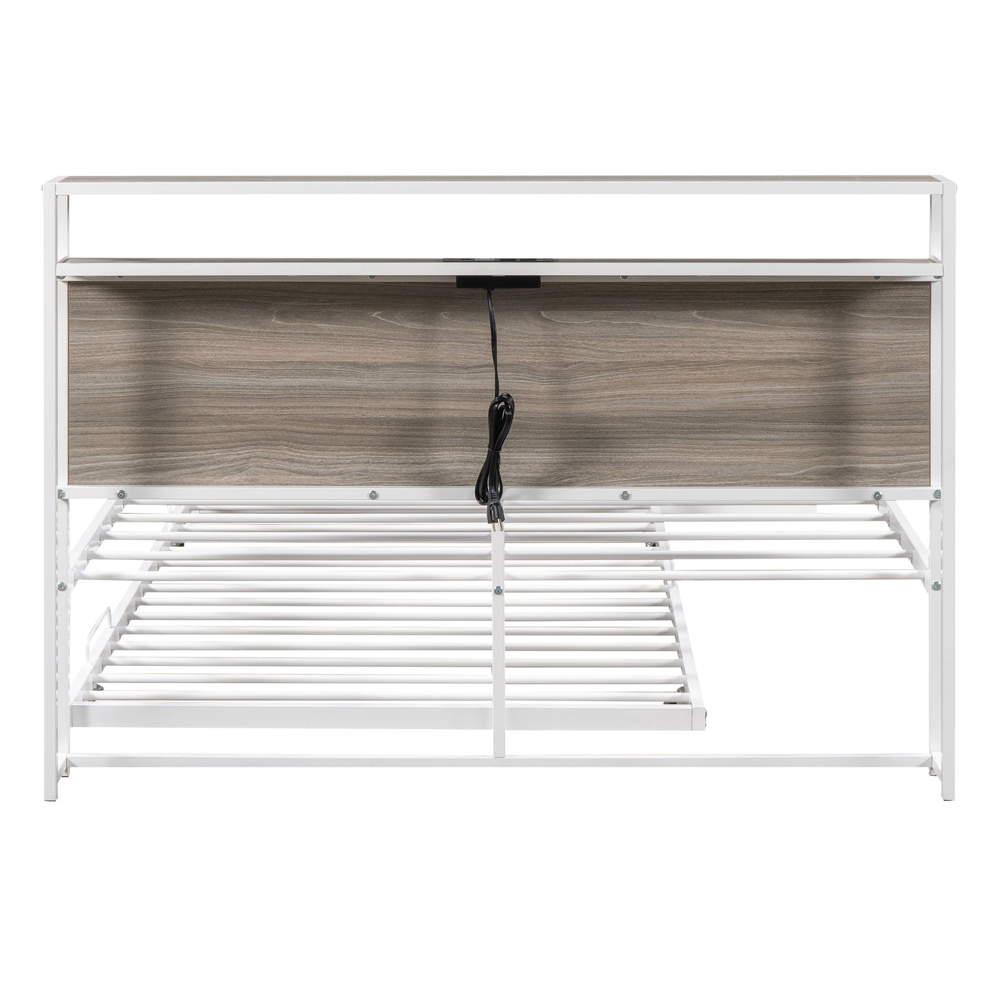 White metal twin bed frame with woodgrain headboard and integrated charging port
