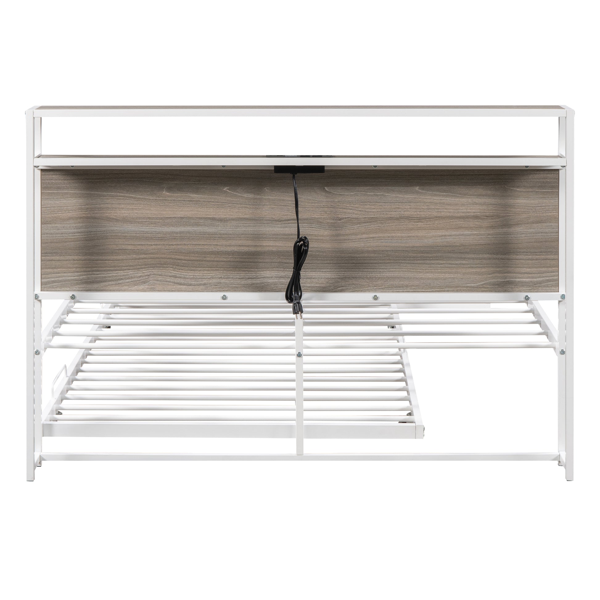 White metal twin bed frame with woodgrain headboard and integrated charging port