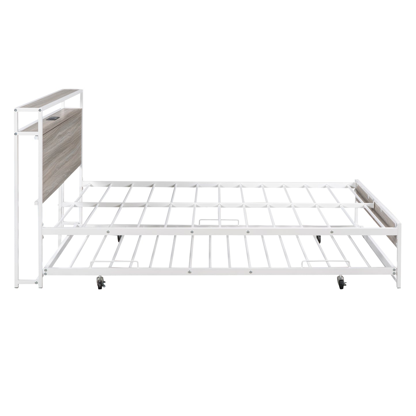 White metal twin daybed with attached woodgrain headboard and integrated charging station