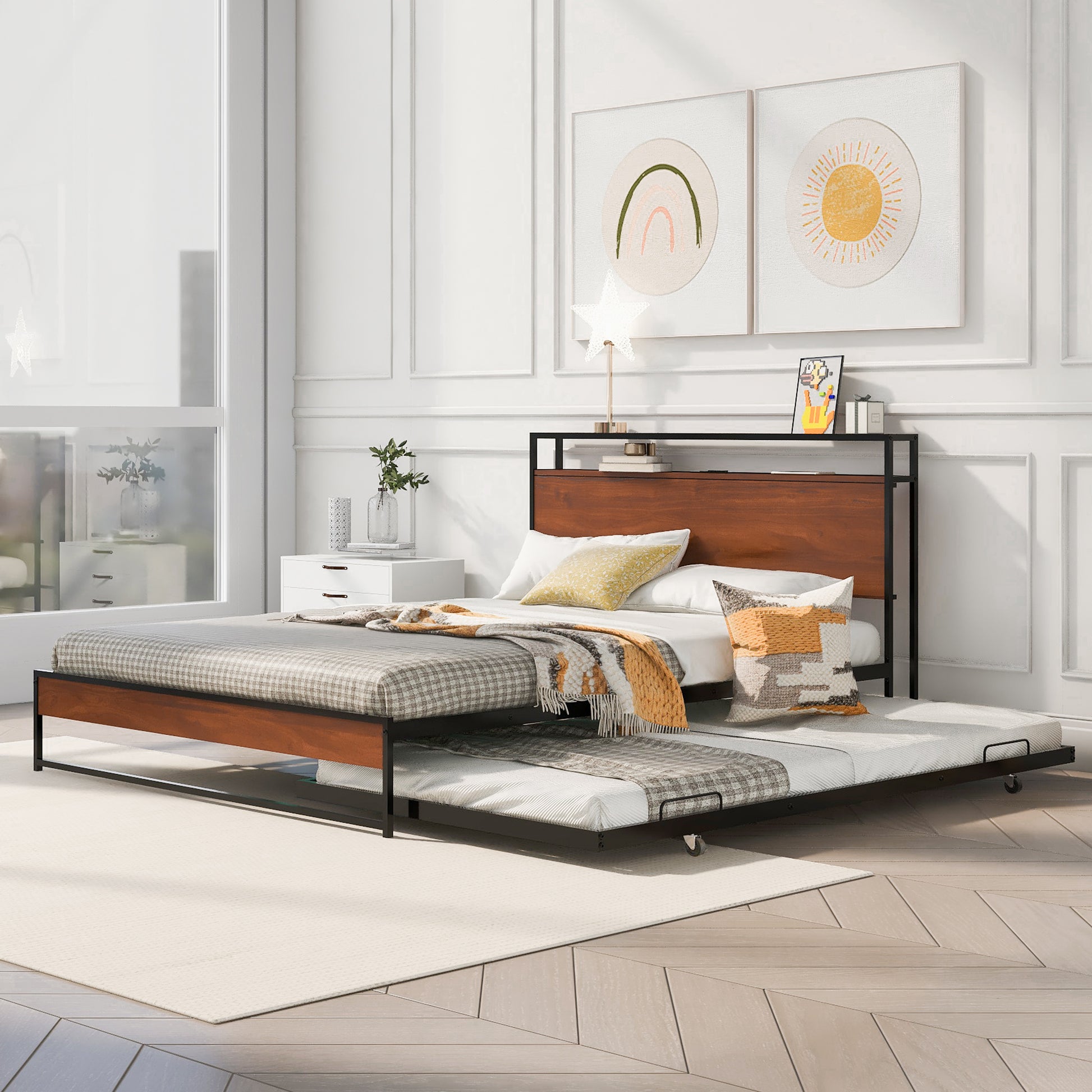 Wooden and black metal frame daybed with a pullout trundle