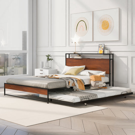 Wooden and black metal frame daybed with a pullout trundle