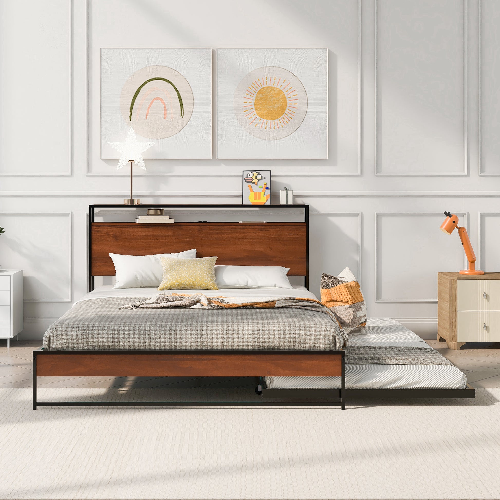Modern wood and metal platform bed with a pullout trundle and builtin headboard shelf