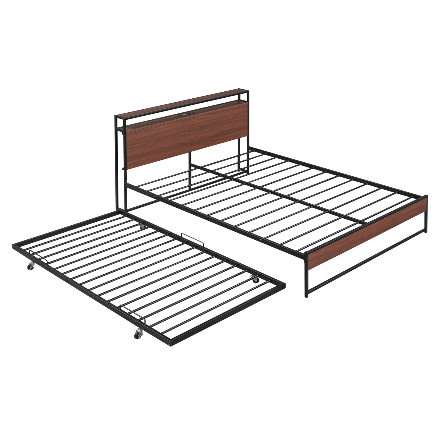 Black metal bed frame with walnut headboard and pullout trundle