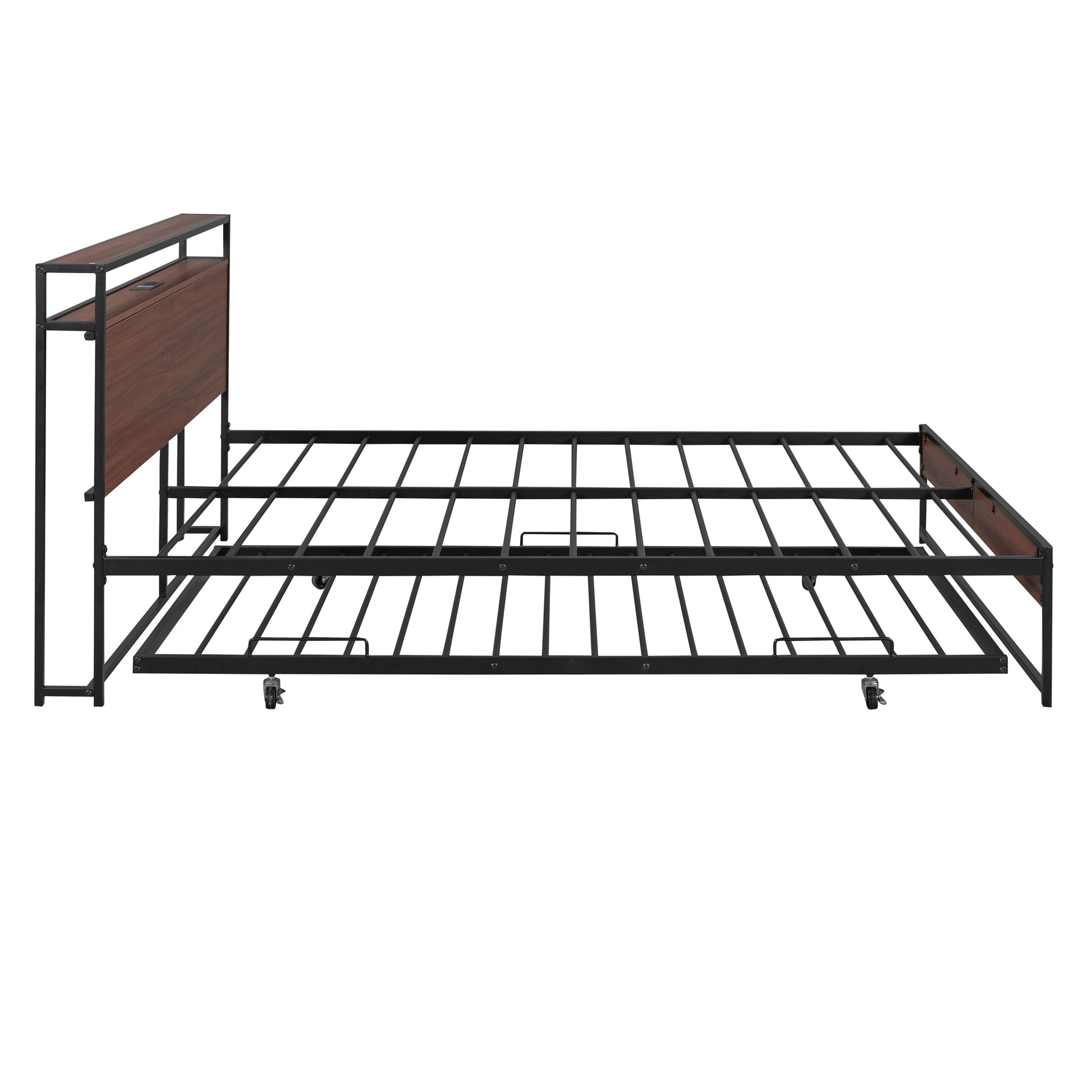 Black metal daybed frame with pullout trundle and walnut headboard detail