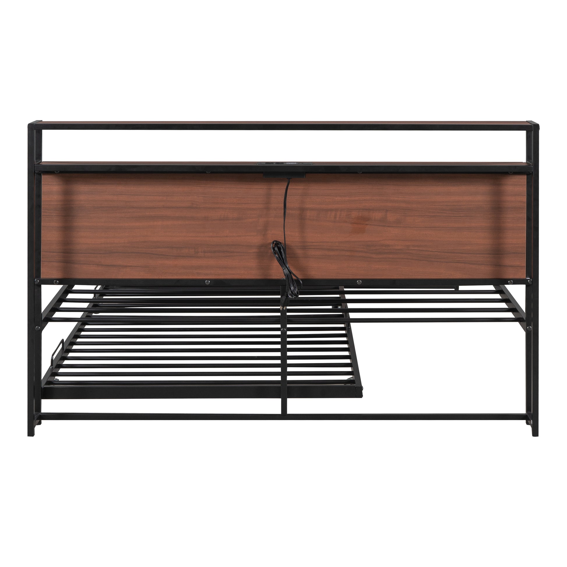 Black metal frame bed with woodgrain headboard and integrated charging ports