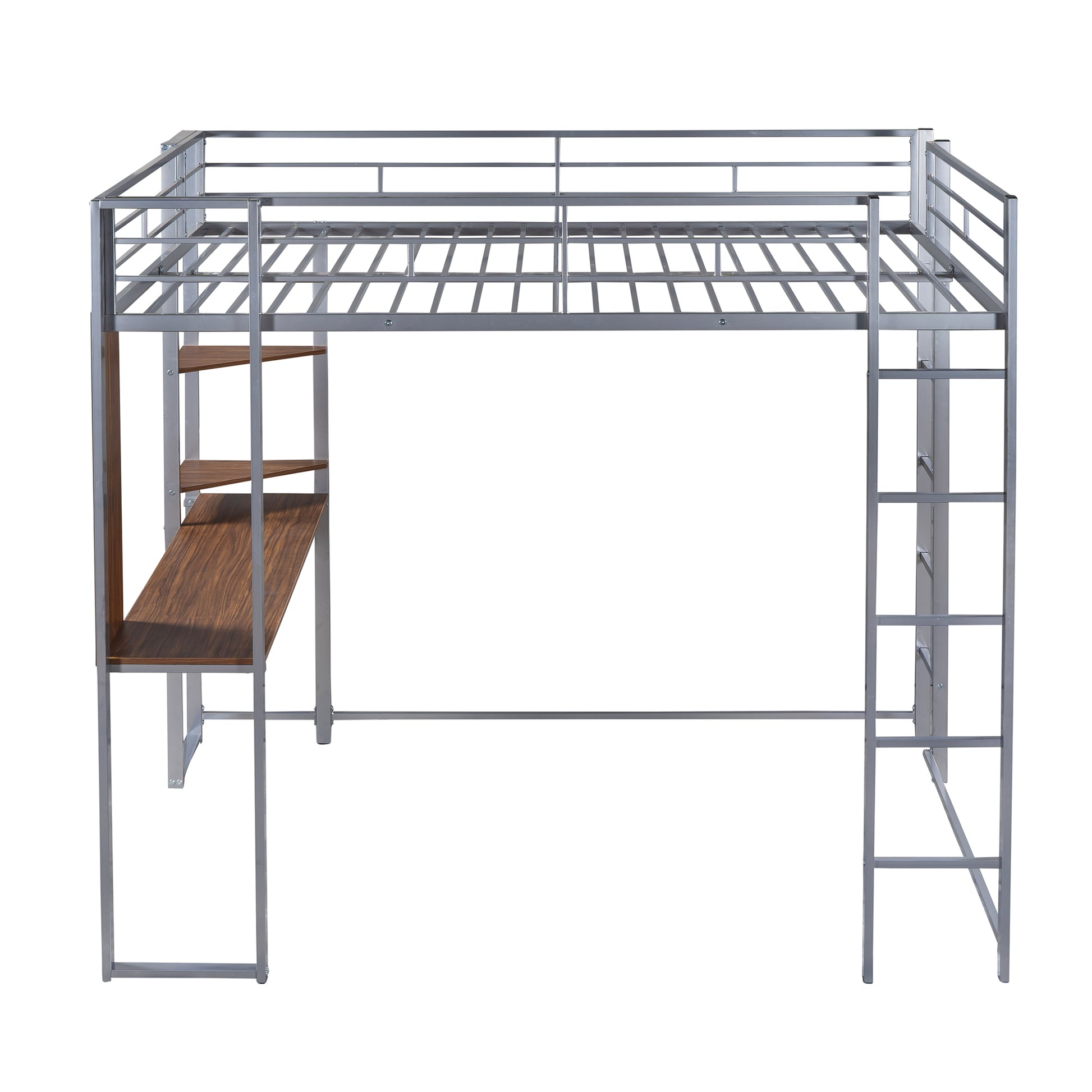 Silver metal loft bed with attached wooden desk and shelves