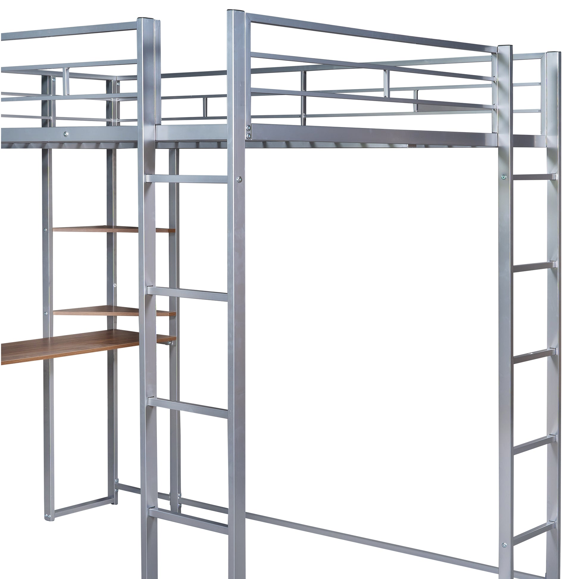 Silver metal loft bed with desk and shelves