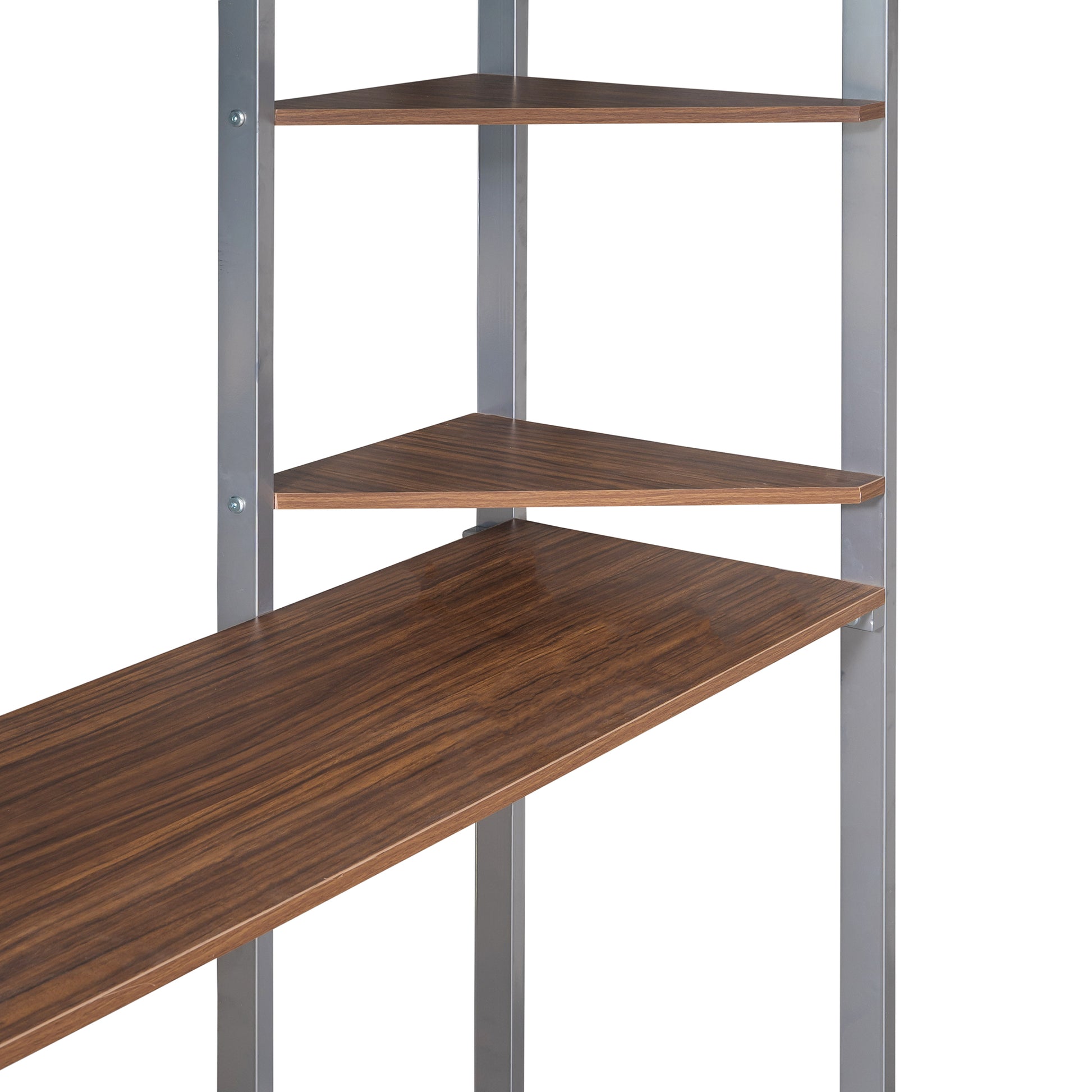 Modern corner shelf with walnut finish shelves and silver metal frame