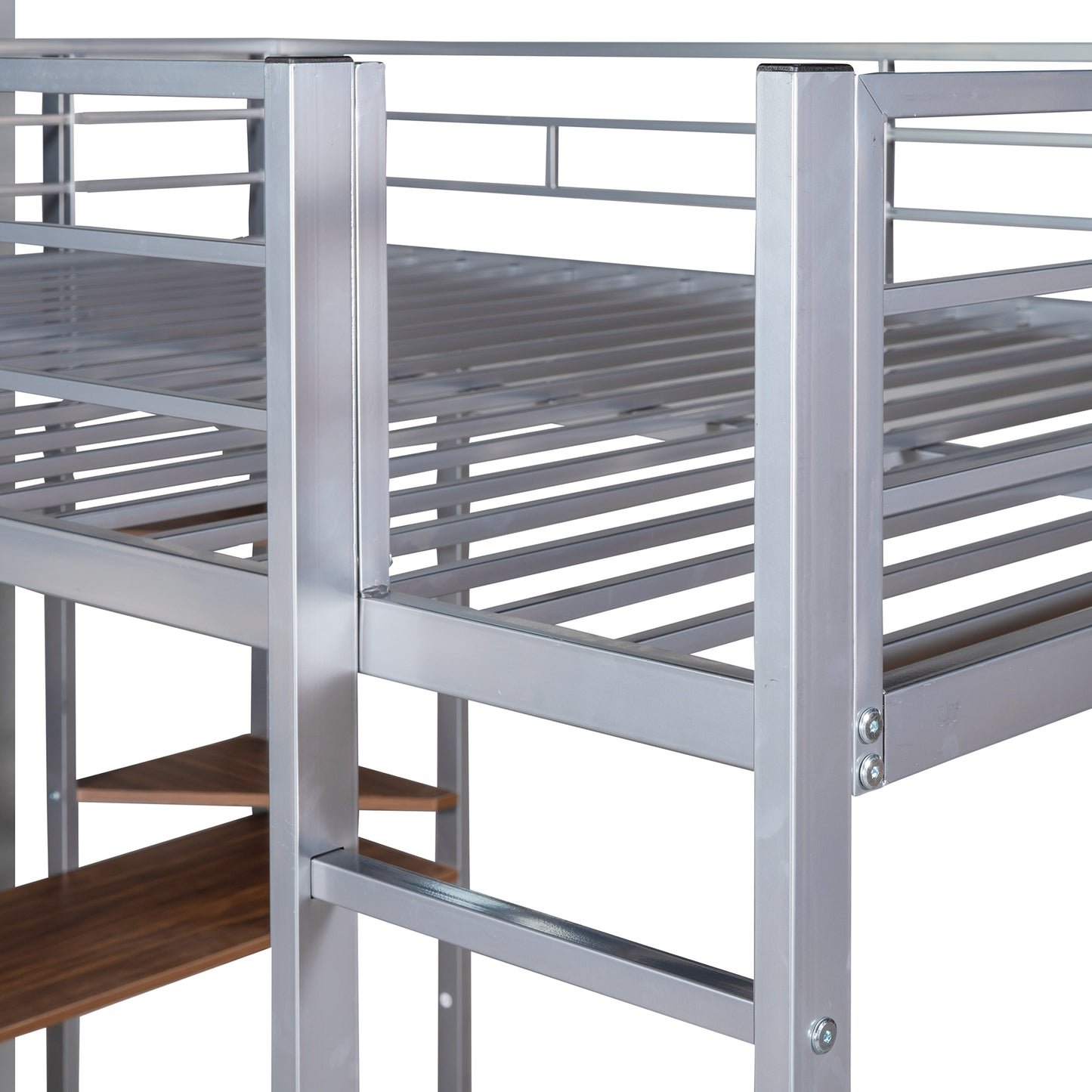 Silver metal loft bed frame with wooden shelves