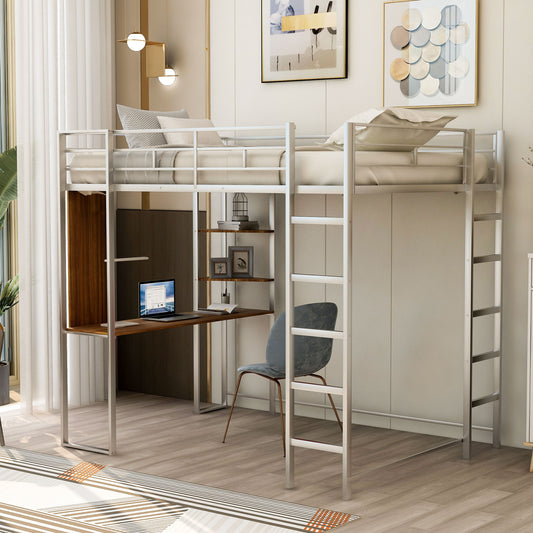 White metal loft bed with integrated desk and shelves ideal for small spaces
