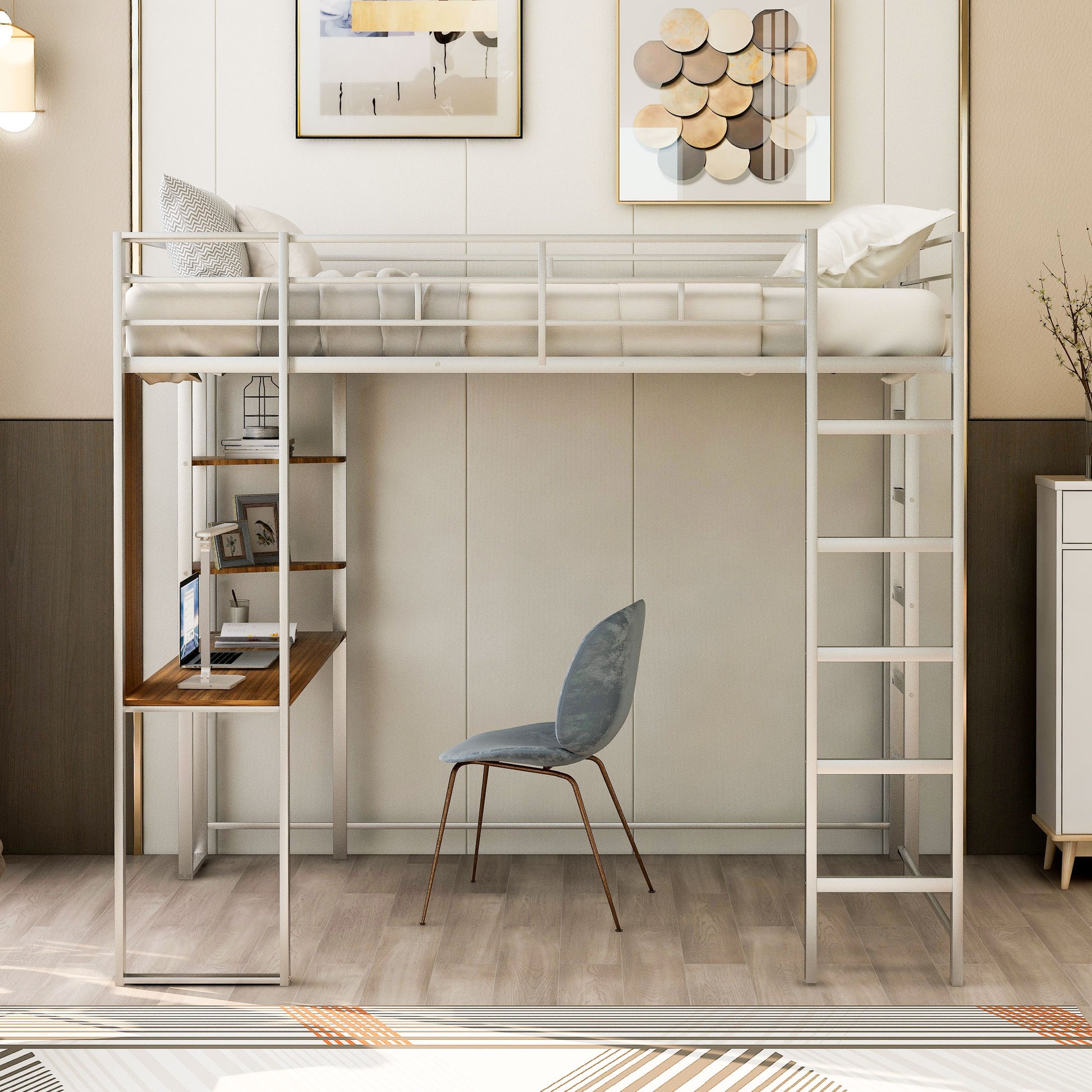 White metal loft bed with integrated desk and shelves for small spaces
