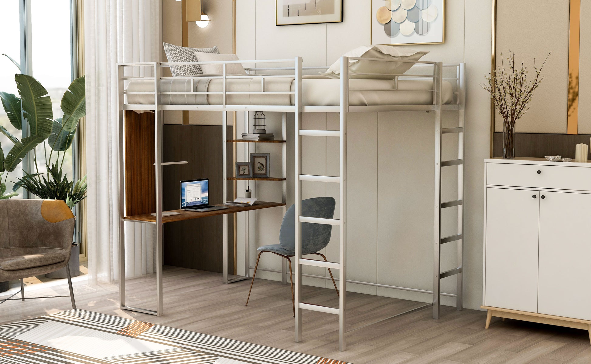 Silver metal loft bed with integrated desk and shelving perfect for small spaces