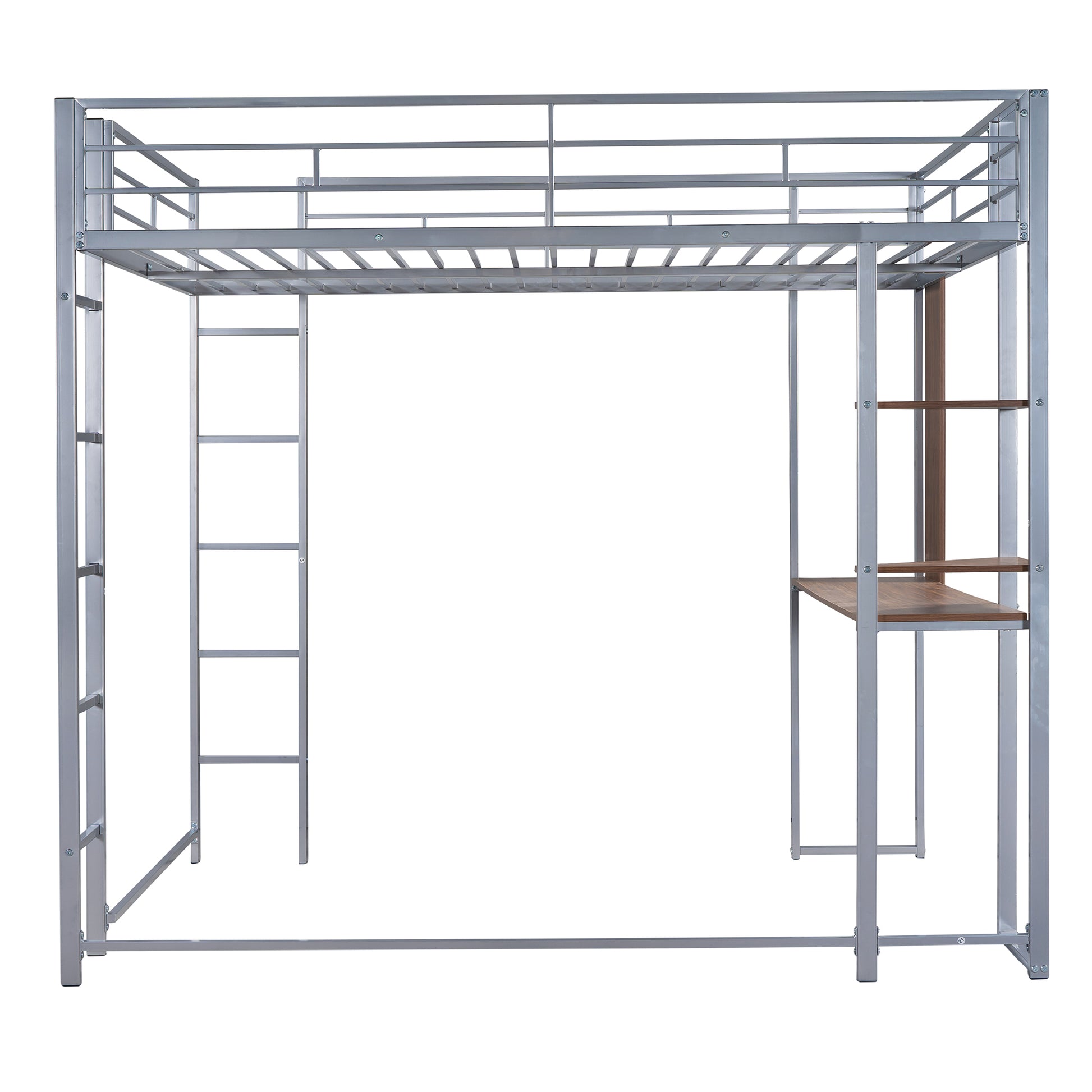 Silver metal loft bed with integrated desk and shelves
